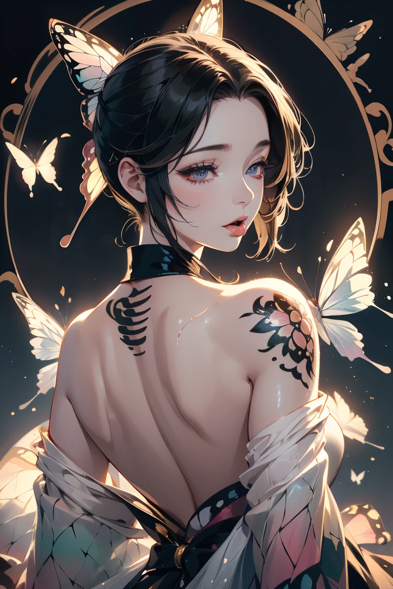 Woman with open mouth and closed eyes, ((Shiny skin))、((Wet and shiny tongue)) , Shinobu, a woman wearing a traditional japanese kimono, ((large butterfly tattoo on her back)), beautiful detailed eyes, beautiful detailed lips, extremely detailed eyes and face, long eyelashes, detailed intricate kimono patterns, cinched waist, flowing sleeves, traditional japanese hairstyle, natural lighting, warm color tones, ((large butterfly tattoo on her back))(best quality,4k,8k,highres,masterpiece:1.2), full body , horny