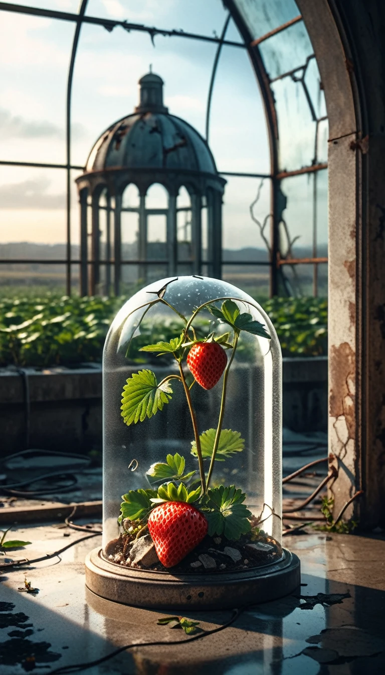 a post-apocalyptic world, a desolate wasteland, a lone strawberry bush growing under a glass dome, the last strawberry in existence, highly detailed, photorealistic, 8K, award-winning art, dramatic lighting, moody colors, muted tones, overgrown ruins, cracked concrete, shattered glass, rusty metal, a sense of isolation and loneliness, cinematic composition, intricate details, masterpiece