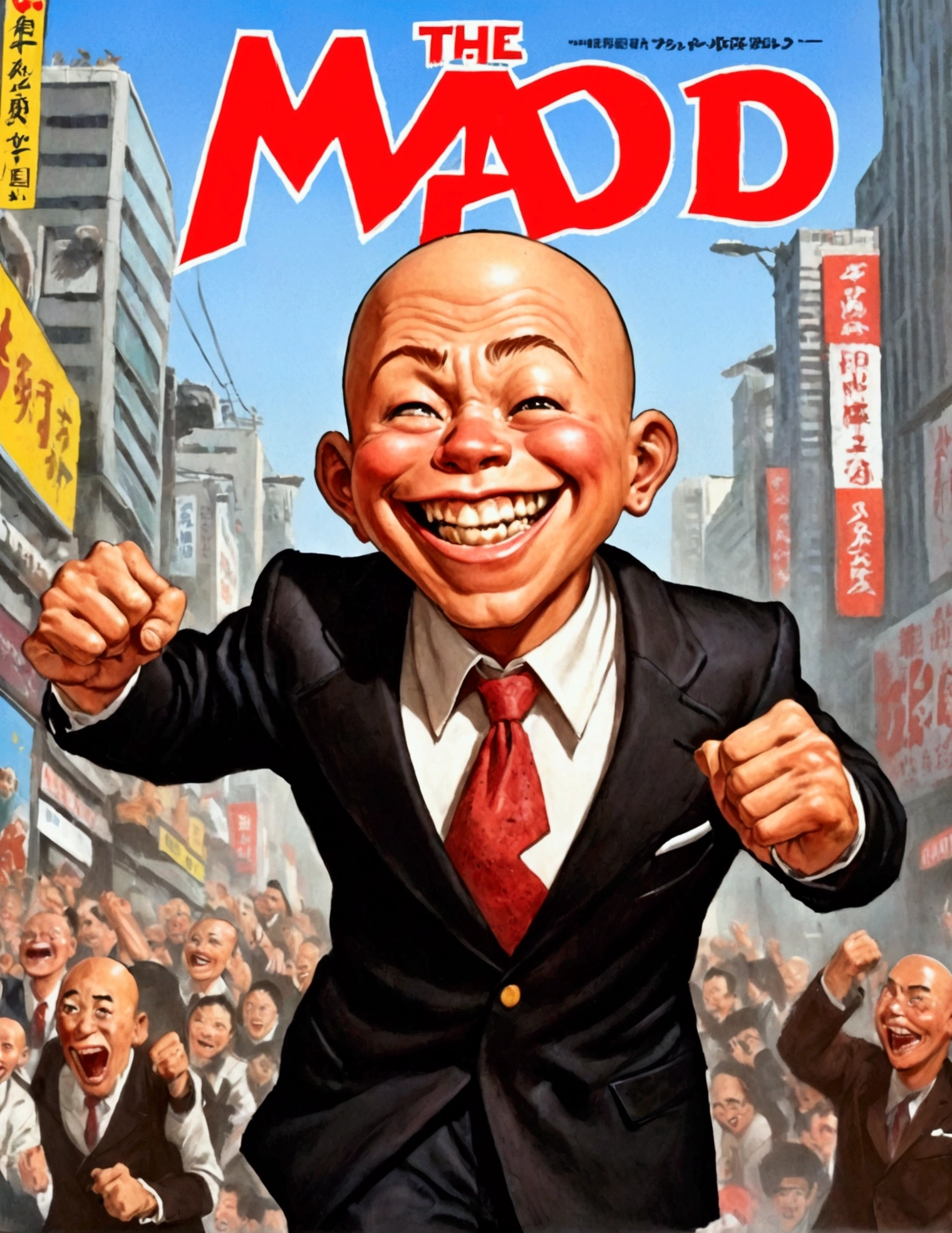 (Mad Magazine cover) A muscular bald man with a wide grin, a classic Alfred E. Neuman face, in a heroic one-punch pose, the bloody remains of a monster strewn across a panicked crowd in downtown Tokyo, dynamic action, cinematic lighting, digital painting, highly detailed, 8k, photorealistic, dynamic composition, dramatic atmosphere, striking colors, vibrant (title across the top MAD)
