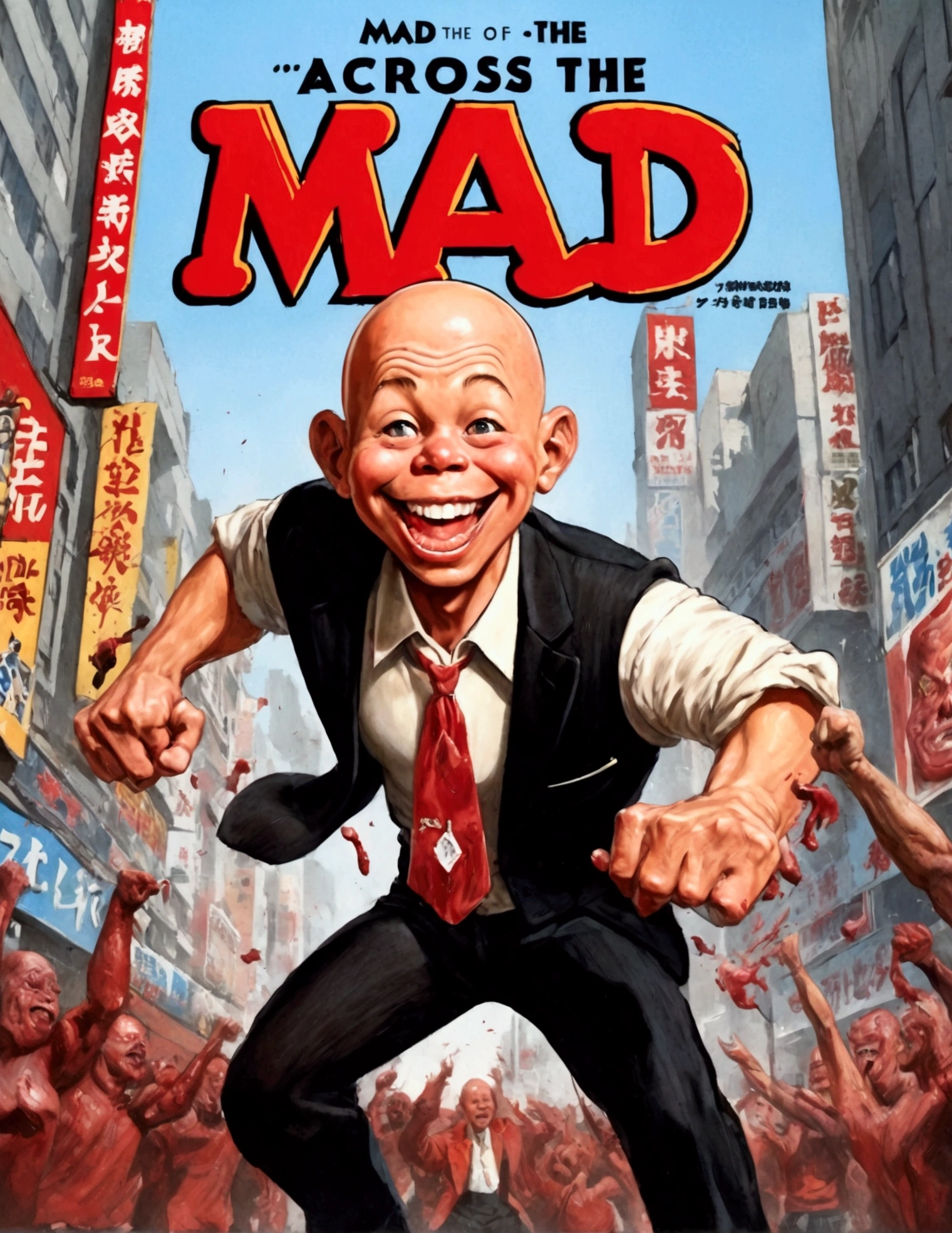 (Mad Magazine cover) Alfred E Neuman as One Punch man Saitama in a heroic pose with classic Newman smile, Tatsumaki (extremely sexualized, big butt, big boobs, classic dress) very mad jumping up and down yelling at Saitama, bloody remains of a beast all over the crowd and downtown Tokyo