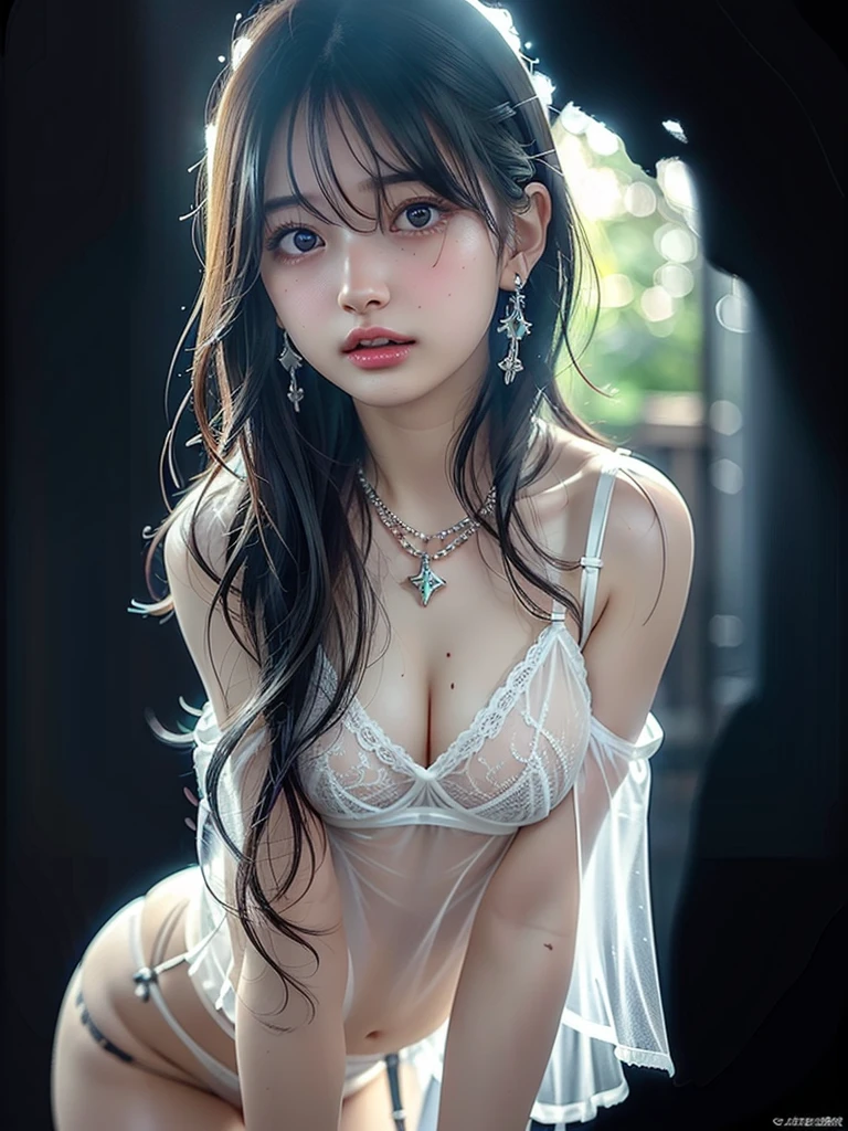 8k,Confused, High resolution, Very detailed, 1 girl, alone, Very beautiful eyes, Ultra-precise depiction, artistic、Artwork、Very detailed depiction, (Tangled:1.2), , (White high key background:1.5), (((See-through lingerie 1.5))), 、 、Earrings and Necklaces、, (Glowing Skin), Many colors, , (:1.2),、Flat Body、slim、cute、、、Cast a Shadow、、、、(((Dynamic pose 1.5)))、(((Sex Appeal、sex appeal、Ecstasy))、On all fours、