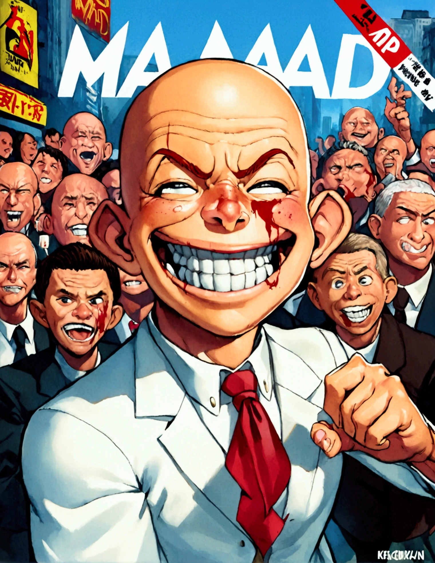 (Mad Magazine cover) A muscular bald man with a wide grin, a classic Alfred E. Neuman face, in a heroic one-punch pose, the bloody remains of a monster strewn across a panicked crowd in downtown Tokyo, dynamic action, cinematic lighting, digital painting, highly detailed, 8k, photorealistic, dynamic composition, dramatic atmosphere, striking colors, vibrant (title across the top MAD)