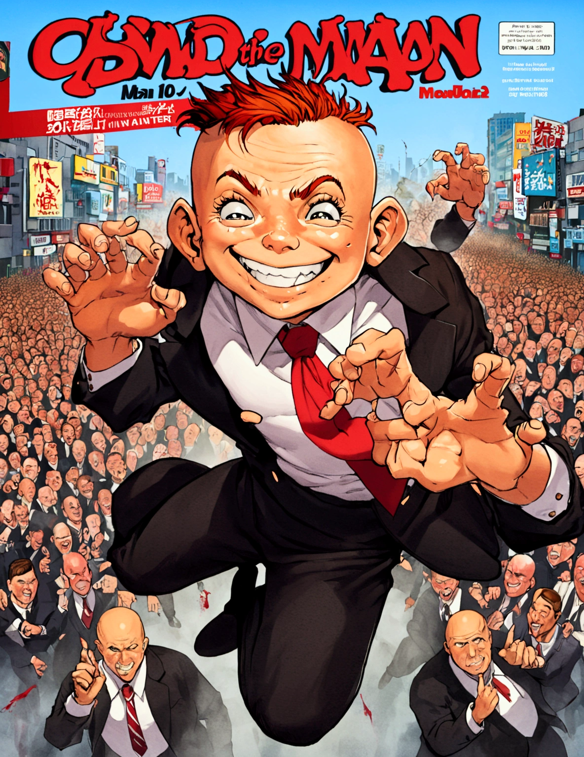 (Mad Magazine cover) A muscular bald man with a wide grin, a classic Alfred E. Neuman face, in a heroic one-punch pose, the bloody remains of a monster strewn across a panicked crowd in downtown Tokyo, dynamic action, cinematic lighting, digital painting, highly detailed, 8k, photorealistic, dynamic composition, dramatic atmosphere, striking colors, vibrant (title across the top MAD)