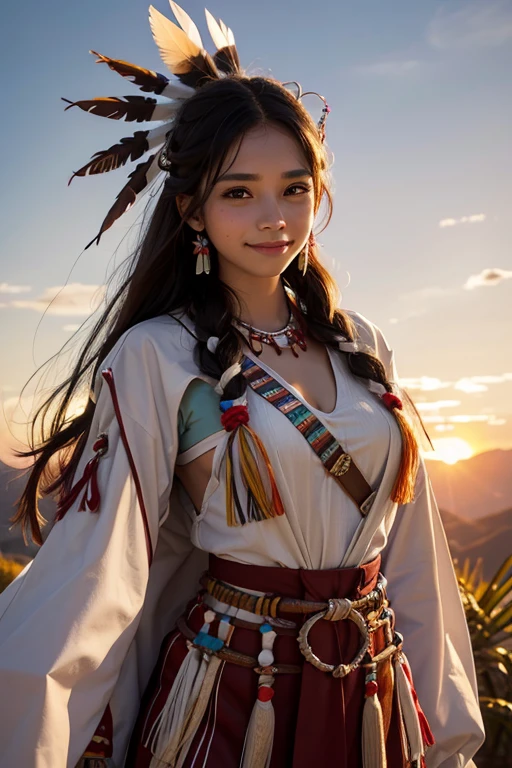 One girl, High resolution, smile, Native American, Traditional attire, sunset, Large feather decoration