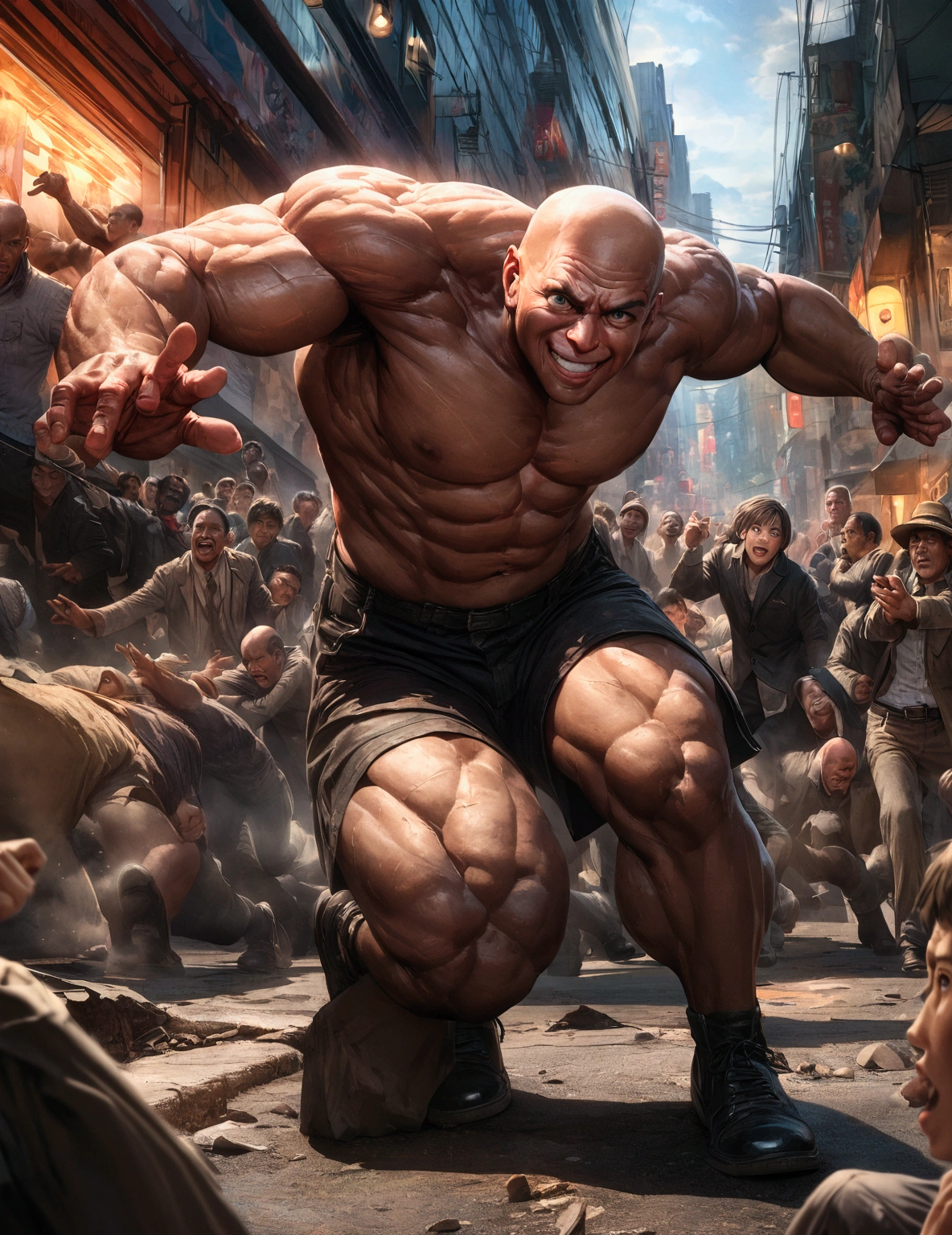 (Mad Magazine cover) A muscular bald man with a wide grin, a classic Alfred E. Neuman face, in a heroic one-punch pose, the bloody remains of a monster strewn across a panicked crowd in downtown Tokyo, dynamic action, cinematic lighting, digital painting, highly detailed, 8k, photorealistic, dynamic composition, dramatic atmosphere, striking colors, vibrant (title across the top MAD)
