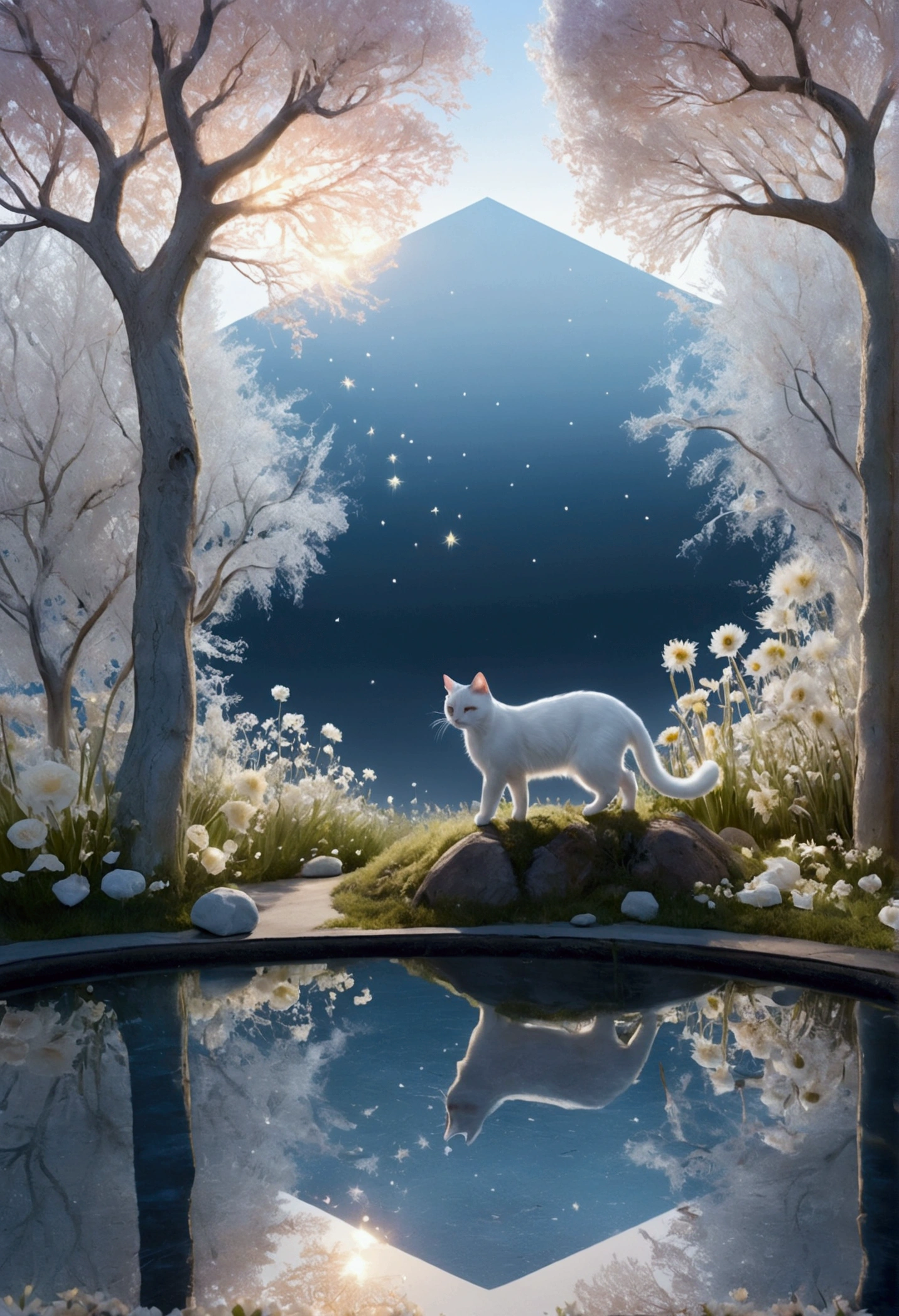 A surreal, nocturnal landscape in soft, pastel tones. Dominating the foreground is an ethereal white cat with delicate, elongated proportions and a serene expression, sitting gracefully on a patch of luminescent grass. To its left, a large, glowing flower with a sunflower-like shape and crystalline petals emits a soft light. The background features an array of faceted, translucent crystal formations rising from the ground, catching and reflecting ambient light. The sky is an abstract, dreamy expanse of gradient blues and soft whites, punctuated by sparkling stars and suspended, glowing threads of light, creating a magical, almost otherworldly atmosphere. The scene is surrounded by slender, white trees with bare branches that glitter as if dusted with stardust. Near the bottom right, a calm, reflective pool of water mirrors the sky and nearby elements with gentle ripples. The overall style is whimsical and fantastical, with a serene, magical ambiance.