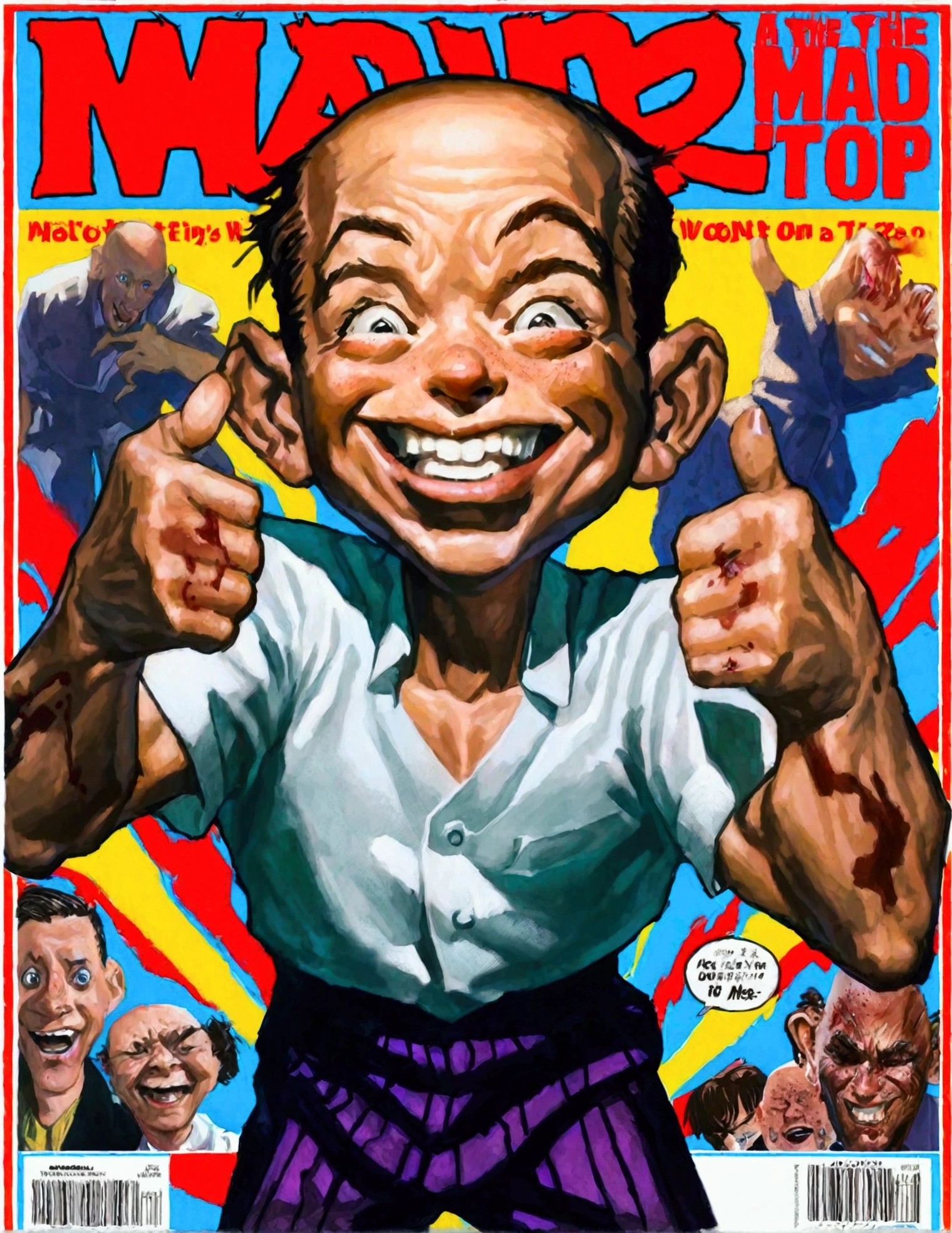 (Mad Magazine cover) A muscular bald man with a wide grin, a classic Alfred E. Neuman face, in a heroic one-punch pose, the bloody remains of a monster strewn across a panicked crowd in downtown Tokyo, dynamic action, cinematic lighting, digital painting, highly detailed, 8k, photorealistic, dynamic composition, dramatic atmosphere, striking colors, vibrant (title across the top MAD)