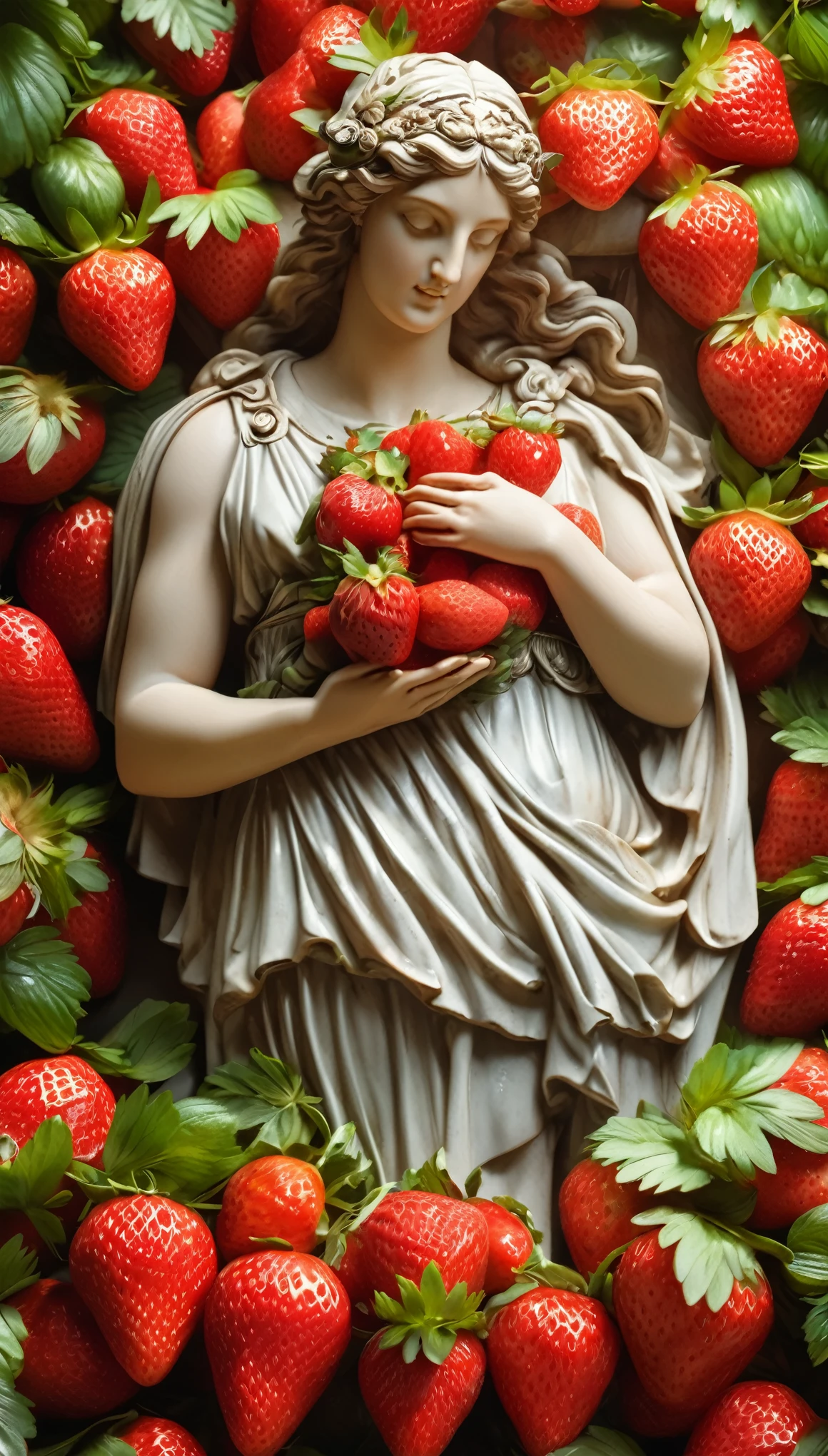 (8k, Highest quality, masterpiece)，Greek Mythology, Fertility Goddess, huge busts, Holding a strawberry in hand, Upper body close-up