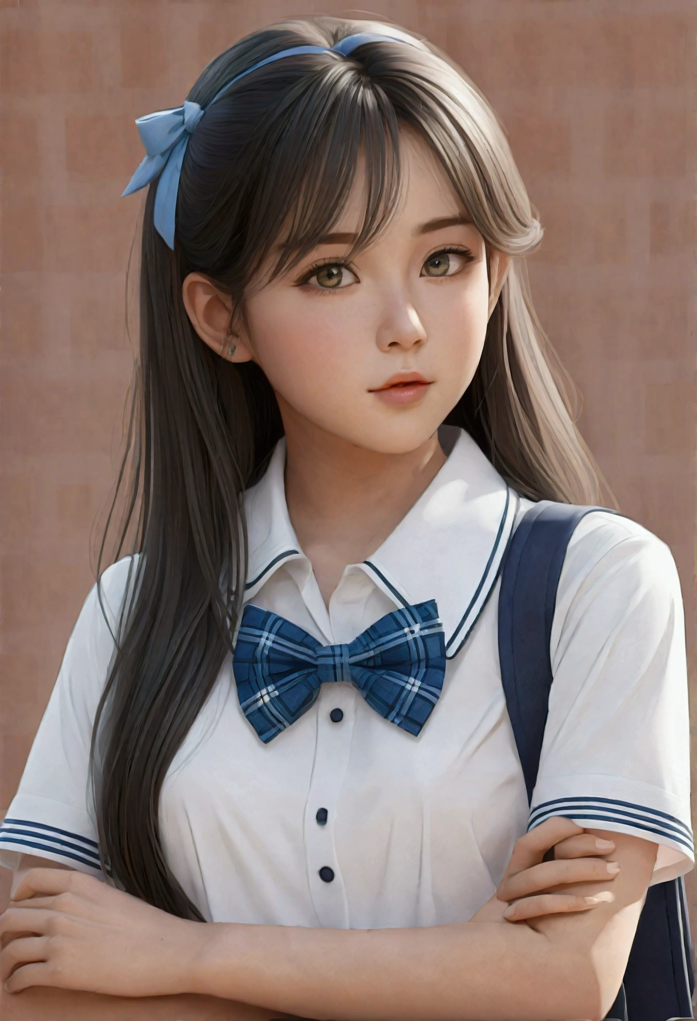 (masterpiece:1.2, Highest quality), (Realistic, photoRealistic:1.4), Beautiful illustrations,
Looking at the audience, whole body, Front view:0.6,
1 girl, Japanese, high School girl, (Long Hair:1.5), Hair fluttering, (Half Up, Half Updo), bangs, Hair between the eyes, Big Breasts:0.8,
Beautiful Hair, Beautiful Face, Beautiful and beautiful eyes, Beautiful clavicle, Beautiful body, Beautiful breasts, Beautiful thighs, Beautiful legs, Beautiful fingers,
(Beautiful views), , School,
((Collared short-sleeved shirt, White shirt, School uniform, Grey plaid pleated skirt, Blue checked bow tie)), White panties,
(Are standing, , Lift up the skirt, Grab the hem of your skirt, please put your hand on your chest, Place your hands between your legs),
blush, ,