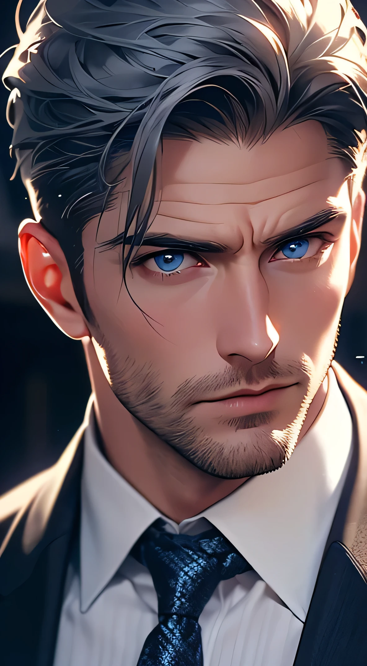(Highest quality, masterpiece, 8k, Realistic, Cinema Lighting, HDR image, Super detailed, Beautiful images), 1 person, 31 years old, Mature Men, very handsome, (Expressionless, Severe), Short white hair, blue eyes ( Sharp Eyes), perfect face no error, Intimidating posture, no error, Businessman, Office Background