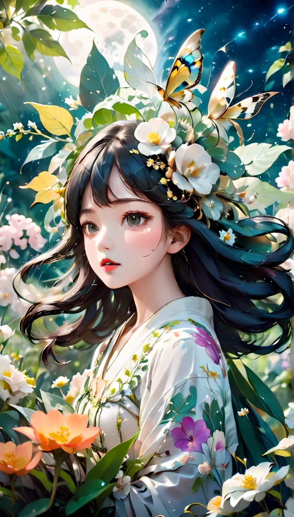 Highest quality,High resolution,masterpiece:1.2,Very detailed,Realistic,photoRealistic:1.37,A girl made of flowers and plants,Beautiful attention to detail,Beautiful lip detail,Very detailed目と顔,Long eyelashes,Colorful Gardens,Delicate petals,Blooming Flowers,Bright leaves,Vibrant colors,Soft sunlight,Ethereal atmosphere,Harmonious composition,The beauty of plants,Organic elements,Flora and Fauna Blend,Dream of plants,Creative transformation,Flower Fashion,Fantasy Figures,Art inspired by nature,Unique Plant Portraits,Natural elegance,Artistic Fusion,Femininity meets nature,Surreal botanical art,Capricious garden,Flower Goddess、butterfly々、Close-up