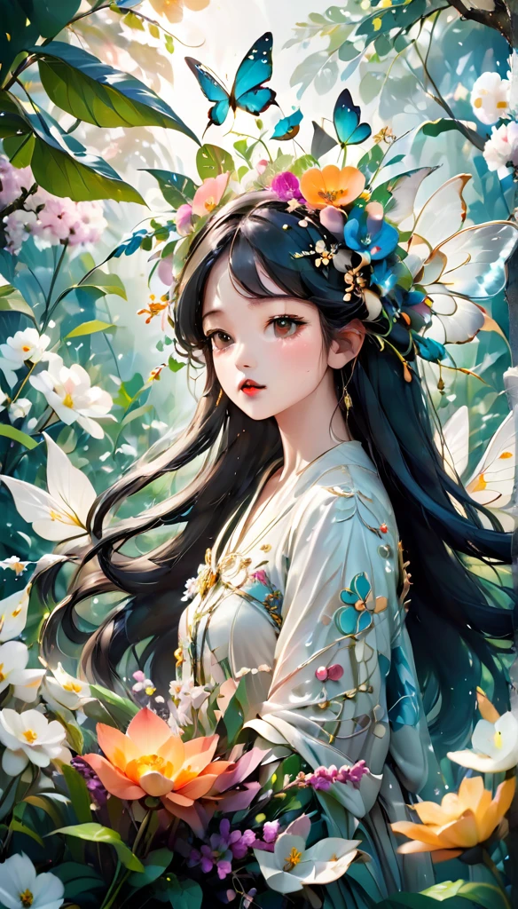 Highest quality,High resolution,masterpiece:1.2,Very detailed,Realistic,photoRealistic:1.37,A girl made of flowers and plants,Beautiful attention to detail,Beautiful lip detail,Very detailed目と顔,Long eyelashes,Colorful Gardens,Delicate petals,Blooming Flowers,Bright leaves,Vibrant colors,Soft sunlight,Ethereal atmosphere,Harmonious composition,The beauty of plants,Organic elements,Flora and Fauna Blend,Dream of plants,Creative transformation,Flower Fashion,Fantasy Figures,Art inspired by nature,Unique Plant Portraits,Natural elegance,Artistic Fusion,Femininity meets nature,Surreal botanical art,Capricious garden,Flower Goddess、butterfly々、Close-up