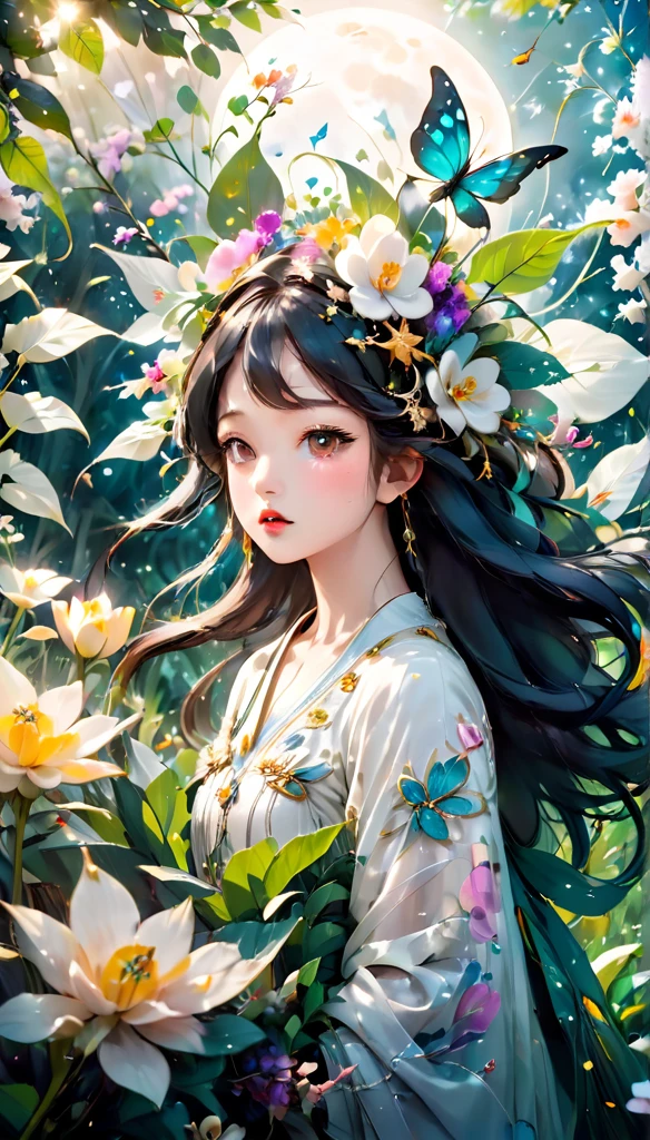 Highest quality,High resolution,masterpiece:1.2,Very detailed,Realistic,photoRealistic:1.37,A girl made of flowers and plants,Beautiful attention to detail,Beautiful lip detail,Very detailed目と顔,Long eyelashes,Colorful Gardens,Delicate petals,Blooming Flowers,Bright leaves,Vibrant colors,Soft sunlight,Ethereal atmosphere,Harmonious composition,The beauty of plants,Organic elements,Flora and Fauna Blend,Dream of plants,Creative transformation,Flower Fashion,Fantasy Figures,Art inspired by nature,Unique Plant Portraits,Natural elegance,Artistic Fusion,Femininity meets nature,Surreal botanical art,Capricious garden,Flower Goddess、butterfly々、Close-up