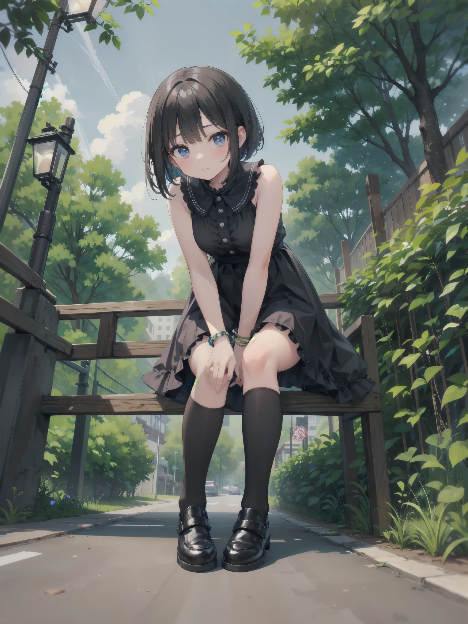 (Best image quality), (Movie), 4320p, High quality, 8K (UHD), Shot directly from below, Covert, Close-up, Anxiety, Realism, Woman looking down, Semi-formal dress, Ruffles, Style female, Black thigh-high socks, So, , Small breasts, Full body, Black leather shoes, Braided hair, Hair with ears, inner color, fringes, prone, shy face, black bob cut, bracelets, street, trees street, asphalt, wall, fence, street streets