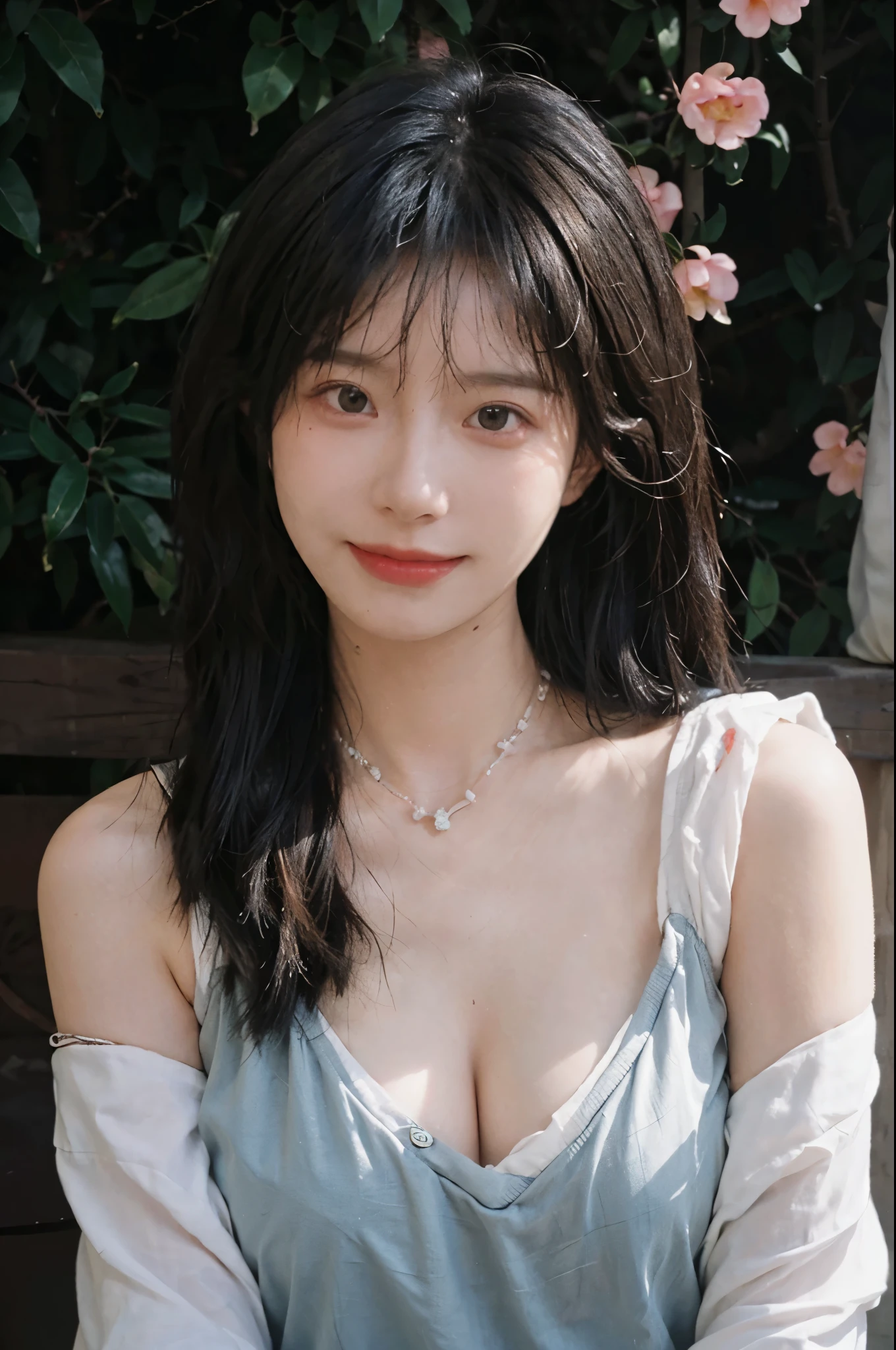 best qualtiy, Ultra-high resolution, (realisticlying:1.4),cute hairpin,Baoyu Girl,European style apartment,(flatchest:1.2) ,A pair of clear and moving peach blossom eyes,Royal Sister,sunshine on face,Big waves,(ln the forest:1.4),(choker necklace:1.2),(Fair skin:1.4),a sense of atmosphere,a beauty girl, ssmile,head straight-looking at viewer, closeup cleavage ,(Photorealistic:1.4),1girll,sexly,(Upper body:1.4),(Wet body),(:1.2)