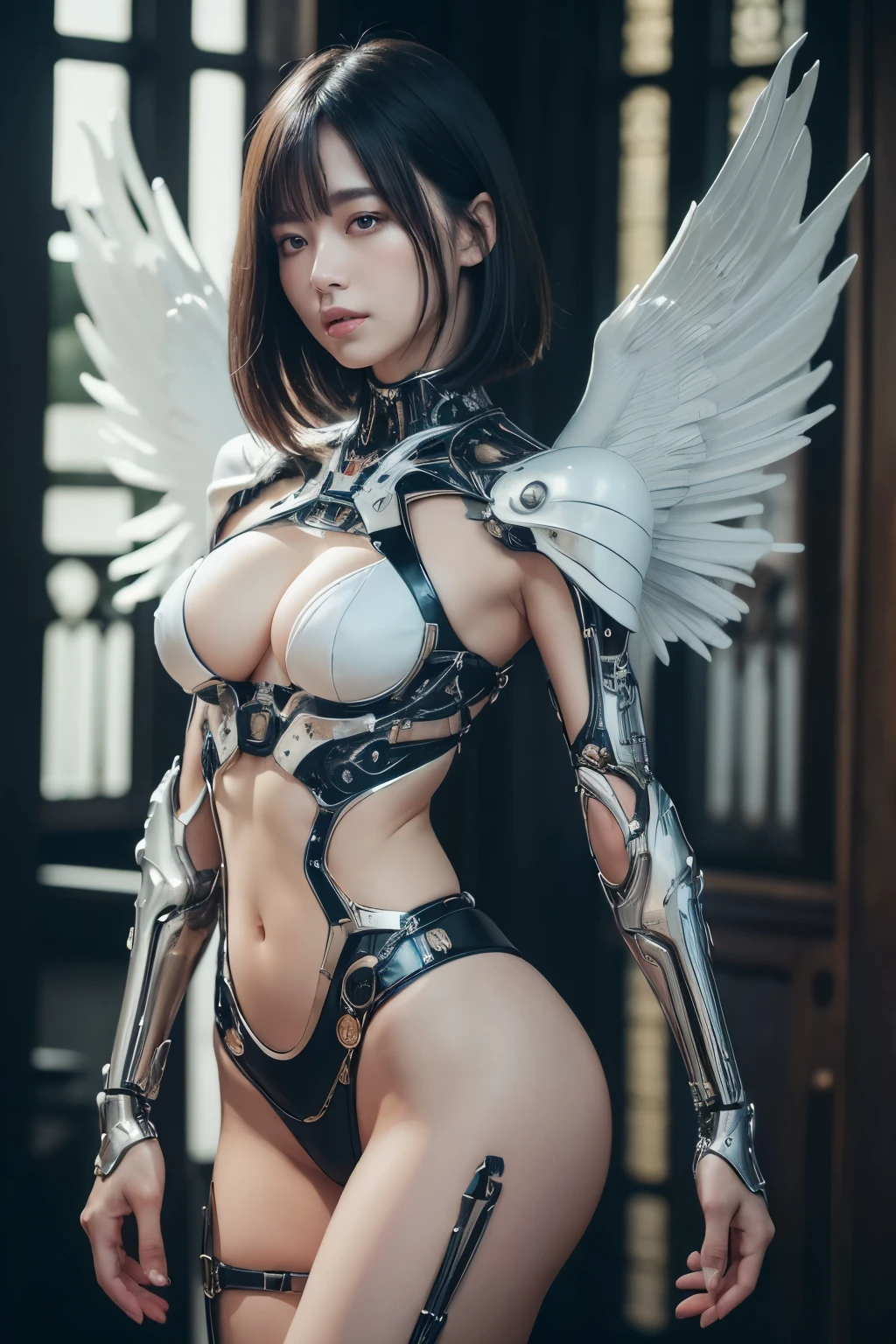 ((Highest quality、8k、masterpiece:1.3))、Full body picture of a sexy angel woman standing with her arms down、((Angels of the Cybernetic World、Prayer Pose))、((Mechanical Wings))、((Full body portrait、Front view)),Image color is white、Japan Maiden,Best image quality,Ultra Clear,The facial features are delicate and well defined,Exquisite detail,Slim body、Small breasts、Small Ass、Exposed abdomen、Upright pose、Black Hair、Bob Style、Cropped bangs、Anatomical、Facial muscles、elegant、Beautiful background、Octane Rendering,Cathedral