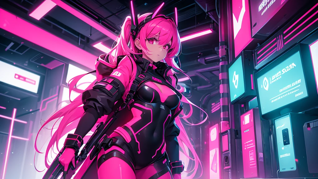 A woman in a full-body neon red and neon pink cyber outfit