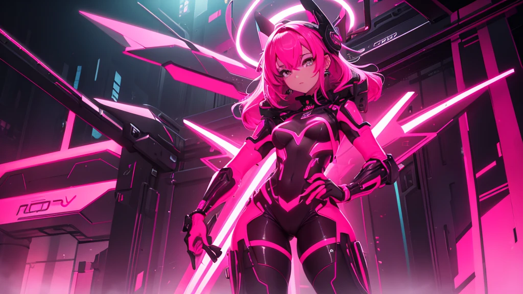 A woman in a full-body neon red and neon pink cyber outfit