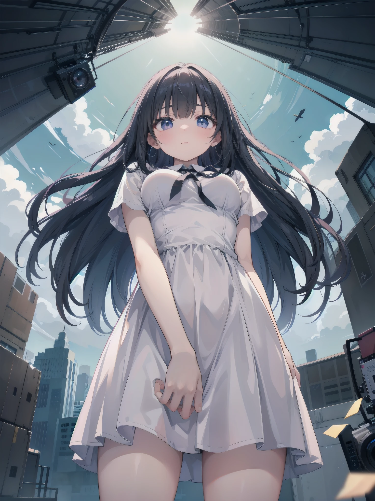 (best quality image), (film), 4320p, high qualiy, 8k (uhd), Filmed directly from below, Covert, Get closer, Anxiety, 真实感, Woman looking down, Semi-formal dress, volantes, Woman's style, Black thigh-high socks, Then, , breasts small, fully body, Black leather shoes, braided hair, Hair with ears , cor interior, fringes, prone, embarrassed face, black bob cut, wristbands, Street, árvores de Street, asphalt, Wall, sealion,