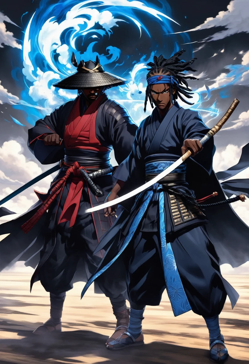 Digital artwork featuring two black men samurai anime characters with dark, mysterious aesthetic. Duel fighting each other, epic cinematic brutal duel fight. The characters have dark skin and blue eyes, partially obscured by a high-collared black cloak with blue cloud patterns. They wear a headband with a metallic plate displaying a symbol, and a traditional straw hat. The background is filled with dark, flying crows, adding to the ominous atmosphere. The overall color palette is muted, with shades of black, grey, and red dominating the action scene.