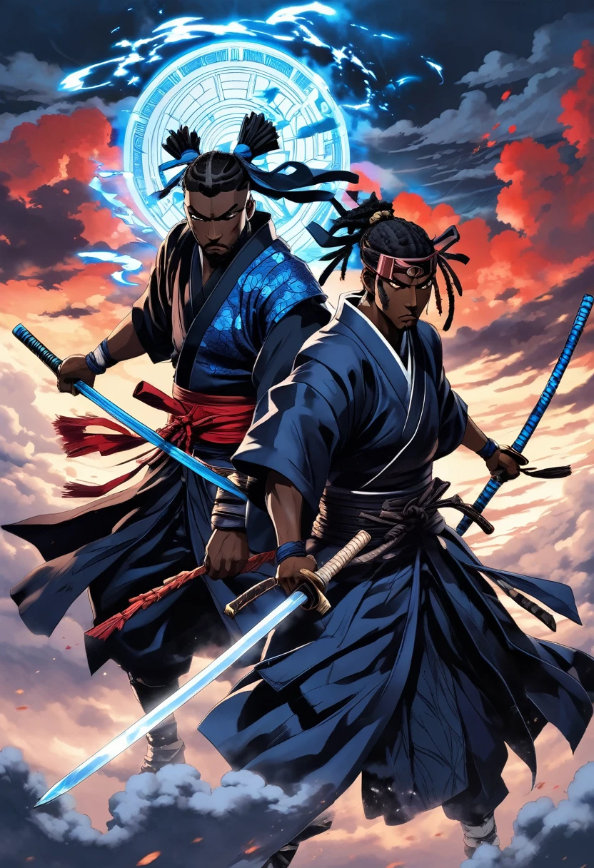 Digital artwork featuring two black men samurai anime characters with dark, mysterious aesthetic. Duel fighting each other, epic cinematic brutal duel fight. The characters have dark skin and blue eyes, partially obscured by a high-collared black cloak with blue cloud patterns. They wear a headband with a metallic plate displaying a symbol, and a traditional straw hat. The background is filled with dark, flying crows, adding to the ominous atmosphere. The overall color palette is muted, with shades of black, grey, and red dominating the action scene.