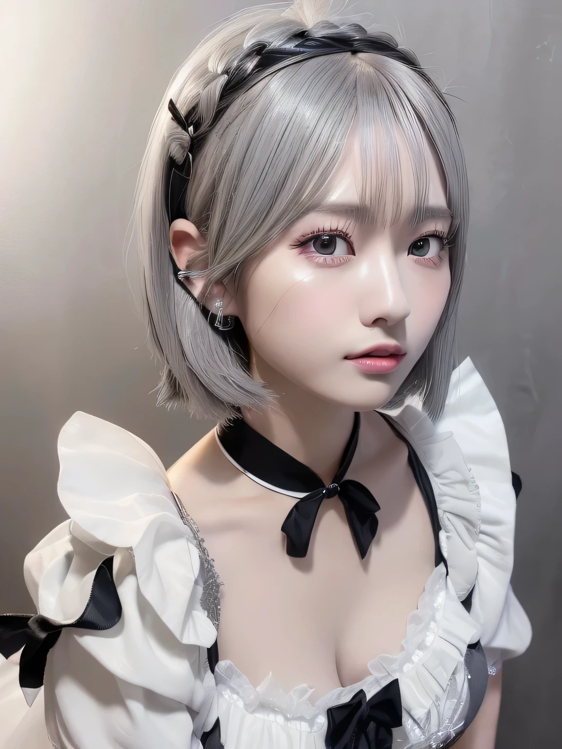 (Realistic、Photorealistic:1.5)、(masterpiece)、(Highest quality:1.4)、(Ultra-high resolution:1.2)、(RAW Photos:1.2)、(Sharp focus:1.3)、(Face Focus:1.2)、1 Japanese girl、Professional attire、(17 years old:1.1)、(Happy Mail:1.5)、(Shaggy Cut Hair:1.6)、(JP idol costumes in white and black and pink:1.4)、(Detailed beauty face:1.7)、(Detail Beautiful Dresses:1.4)、 Gothic Maid、(Japanese girl professional photo)、 Medium chest、(Cleavage:1.3)、(The chest is open)、(Silver hair detail)、(Both sides up)、(Look at the viewers:1.2)、(Music DJ Cover Art:1.1)、(Music Design Art Stage:1.4)、(Simple gray background:1.6)、Gorgeous gold lighting、break、 (Huge boobs)、Beautifully detailed eyes、(cute)、Sit on the ground。