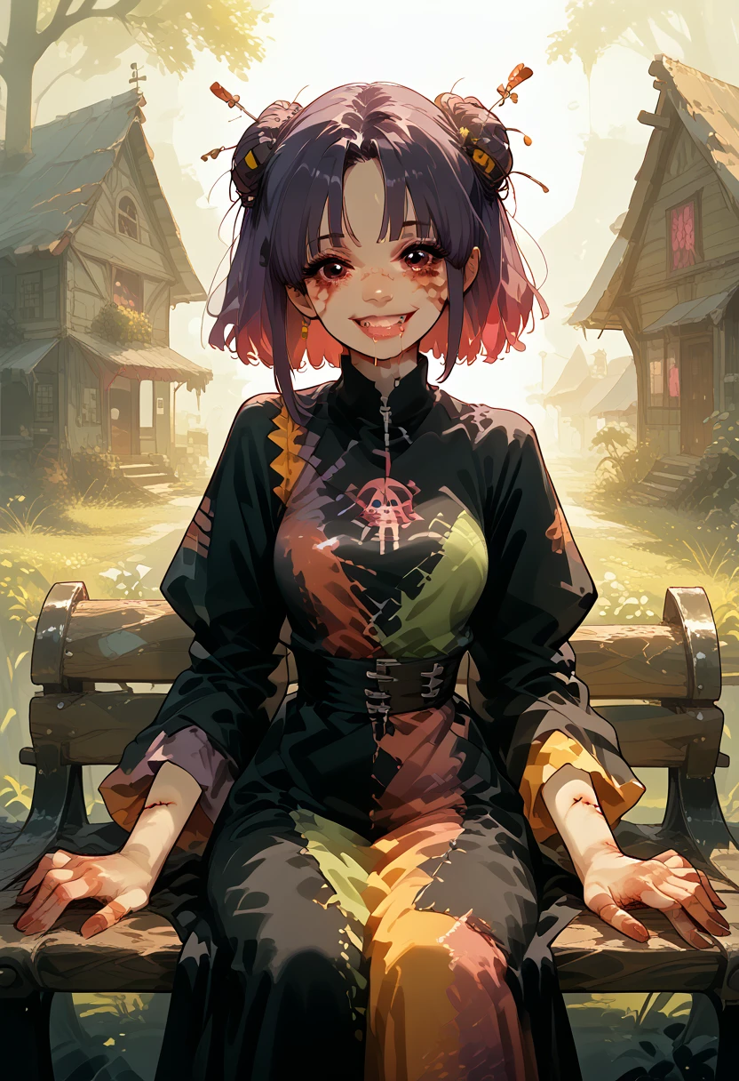 anime girl,Zombie,shiny,sexy,beautiful figure,Bright Outfit black and purple,Colorful tones,full height,sitting on a bench, Hair Red,Bright black eyes,curvy,high quality,masterpiece,full detailed,The picture is worked out to detail,drooling 0,smile,saliva 0.4,wallpaper,Colorful colors,The palette seems to be alive,maximum details,8K Detail