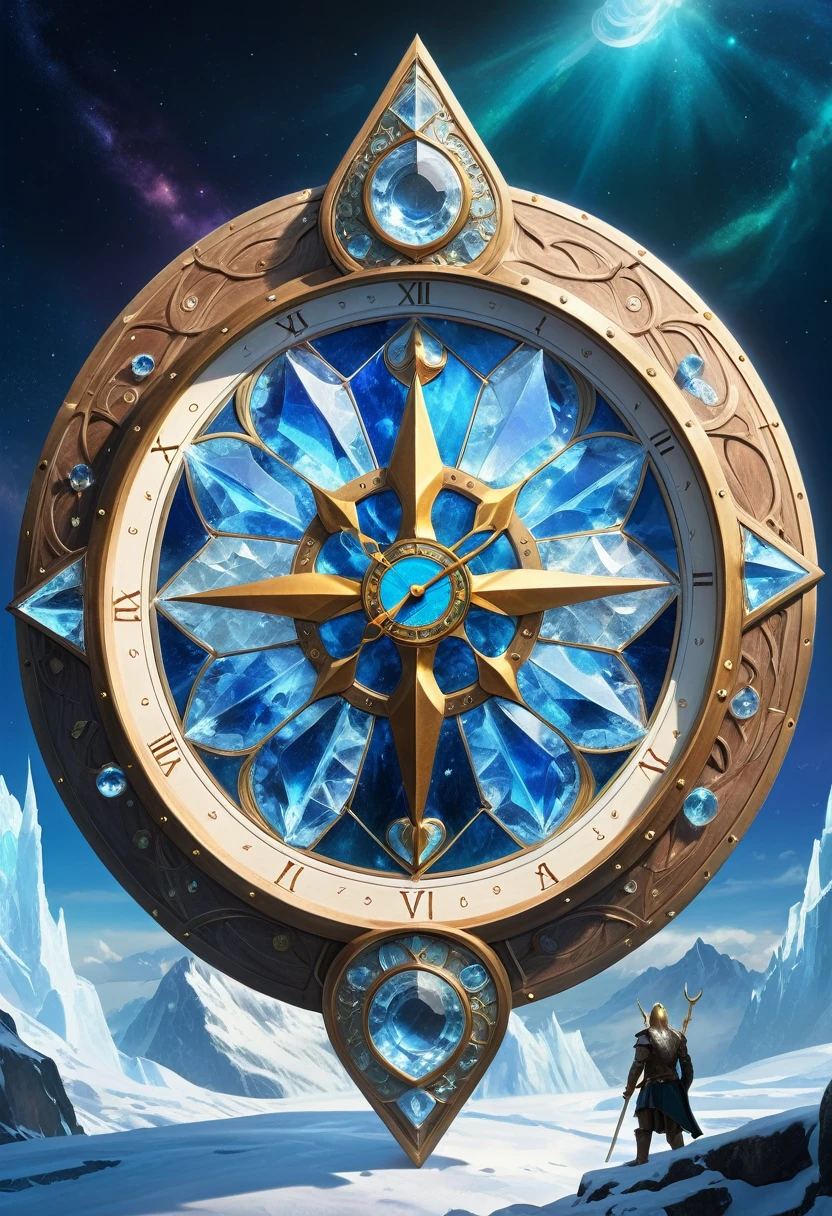 Clock_realm, shield, IvoryGoldAI, (concept art, Ghibli-like colors, Surrealism, ultra high definition, masterpiece, precise, anatomically correct, Super details, Award-winning, best quality, high resolution, 8k,The picture is bright,global illumination,high saturation) , Fantasy, Asgard, Asgardshield,Shield of the Norse gods,Asgardshield,Made entirely of crystals and ice crystals,Transparent and white,