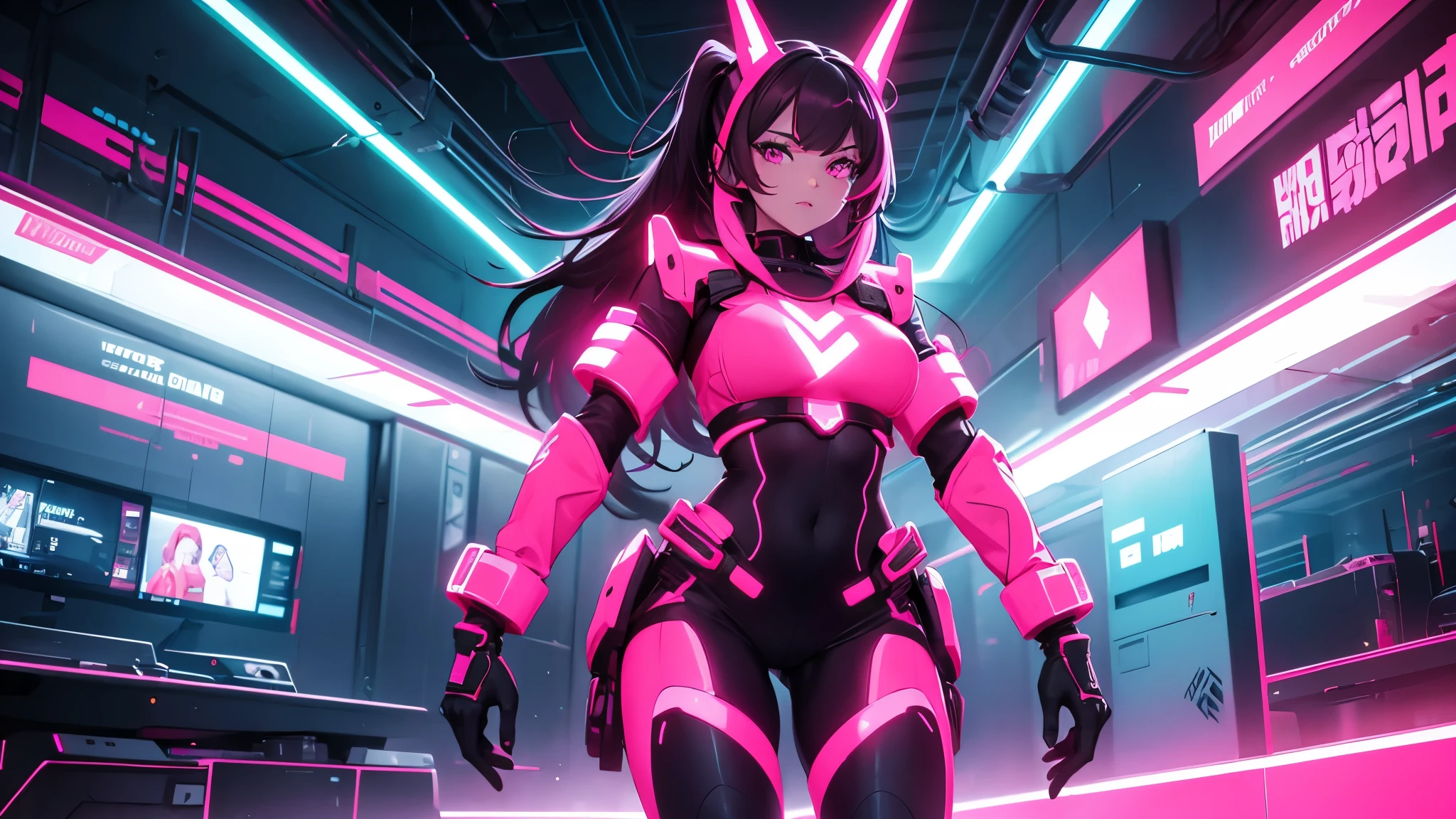 A woman in a full-body neon red and neon pink cyber outfit