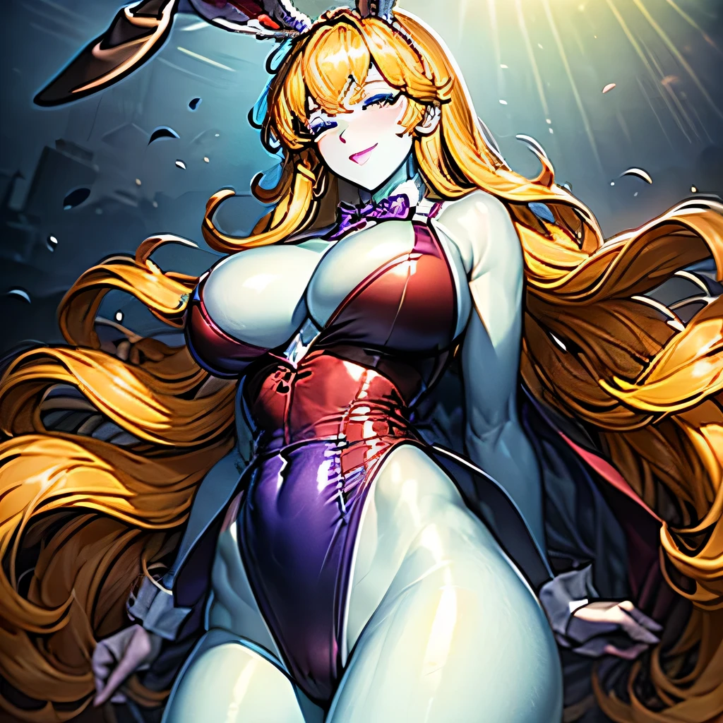  ((masterpiece,best quality,ultra-delicate,Perfect Face,16k,high resolution,very beautiful woman)),(blue skin:1.2,red sleeveless jacket), purple panties,bunny ears,large breasts,purple bowtie,gold long hair,smile,standing