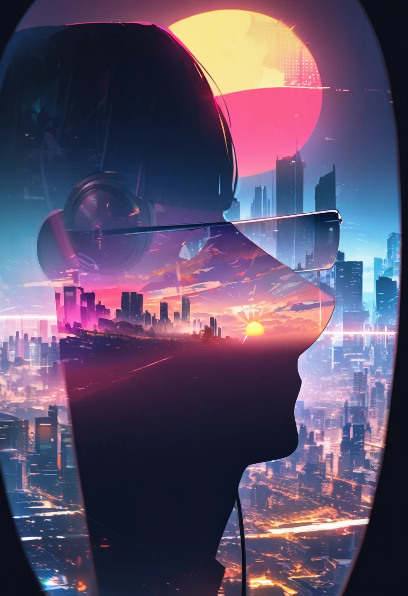 silhouette of a man in profile. blunt bangs, (((sun glasses:1.3))), (headphones:1.3), Inside the silhouette you can see the double exposure with a deep cyberpunk, city, supernova explosion, masterpiece, ((double exposure)), proportional.,DOUBLE EXPOSURE
