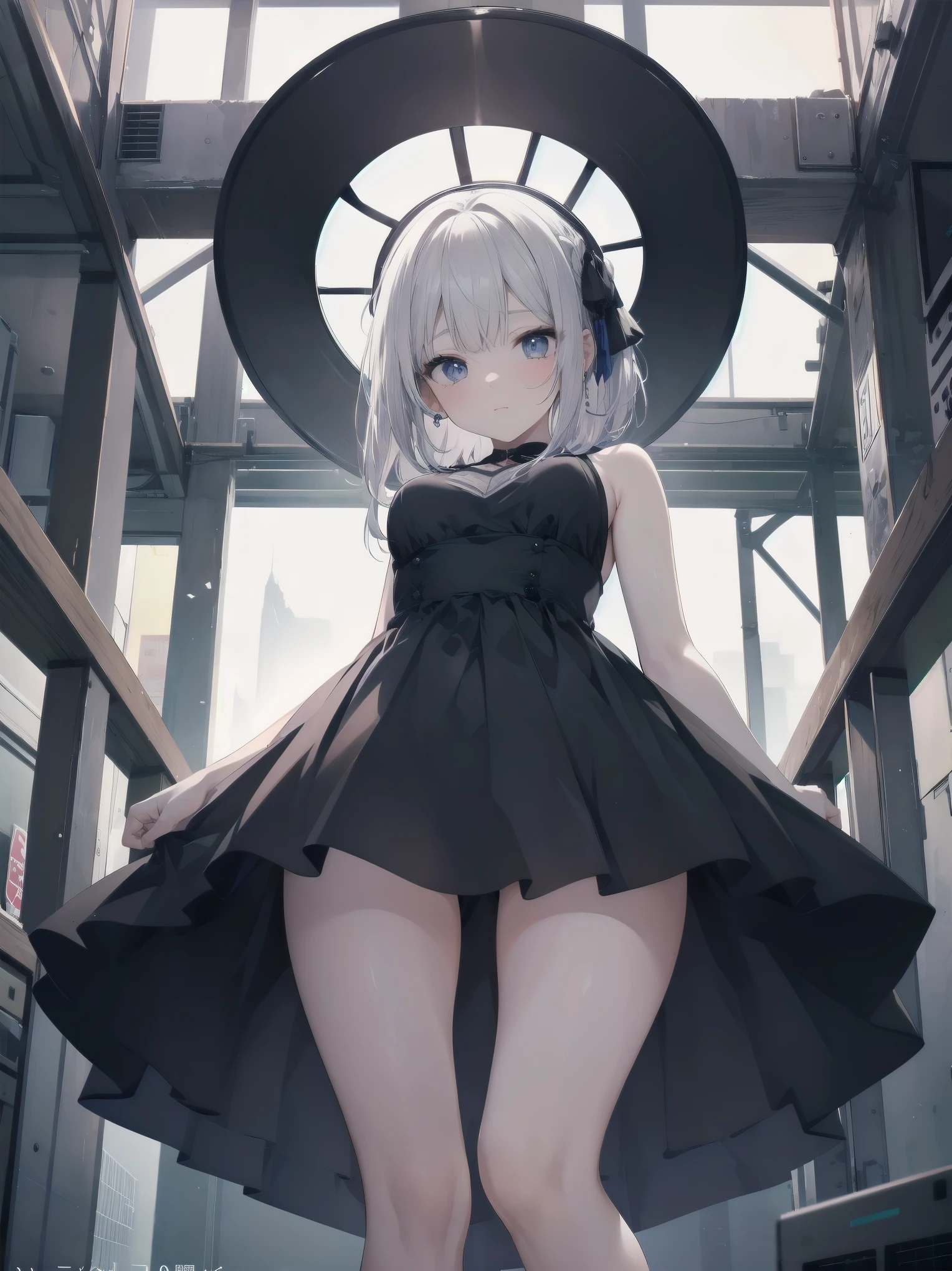 (best quality image), (film), 4320p, high qualiy, 8k (uhd), Filmed directly from below, Covert, Get closer, Anxiety, 真实感, Woman looking down, Semi-formal dress, volantes, Woman's style, Black thigh-high socks, Then, , breasts small, fully body, Black leather shoes, braided hair, Hair with ears , cor interior, fringes, prone, embarrassed face, black bob cut, wristbands, Street, árvores de Street, asphalt, Wall, sealion,