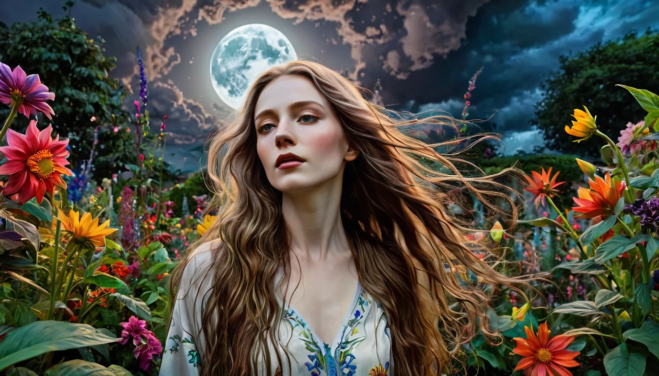 best quality, highres, ultra-detailed, realistic, pale-skinned woman with long flowing hair, elaborately painted with oil colors, posing gracefully in a surreal garden, surrounded by vibrant and colorful flowers and plants, with a dark and ominous sky overhead, perfectly lit by the fading light from a full moon, capturing the fragile beauty of life and the inevitability of death