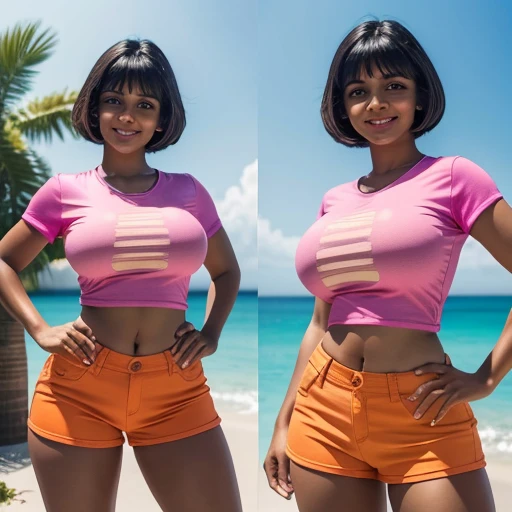 Isabela Merced as Dora,standing proud, tight pink shirt, orange shorts, smiling, big breasts, (skin texture:1.1), (high detail face:1.1), high detail body, high detail clotheasterpiece), (realistic), ultra high definition, 4k, ultra high resolution