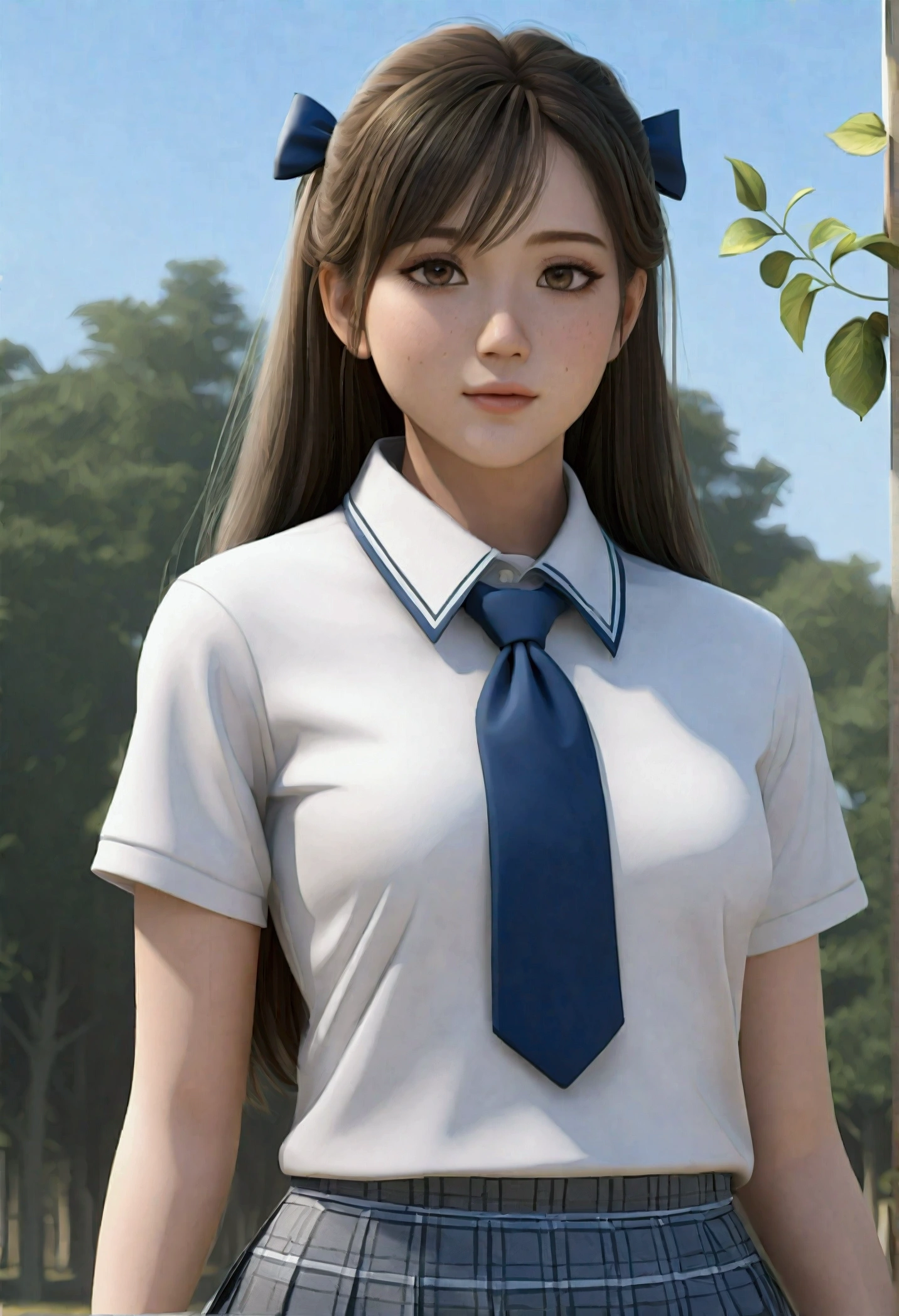 (masterpiece:1.2, Highest quality), (Realistic, photoRealistic:1.4), Beautiful illustrations,
Looking at the audience, whole body, Front view:0.6,
1 girl, Japanese, high School girl, (Long Hair:1.5), Hair fluttering, (Half Up, Half Updo), bangs, Hair between the eyes, Big Breasts:0.8,
Beautiful Hair, Beautiful Face, Beautiful and beautiful eyes, Beautiful clavicle, Beautiful body, Beautiful breasts, Beautiful thighs, Beautiful legs, Beautiful fingers,
(Beautiful views), , School,
((Collared short-sleeved shirt, White shirt, School uniform, Grey plaid pleated skirt, Blue checked bow tie)), White panties,
(Are standing, , Lift up the skirt, Grab the hem of your skirt, please put your hand on your chest, Place your hands between your legs),
blush, ,