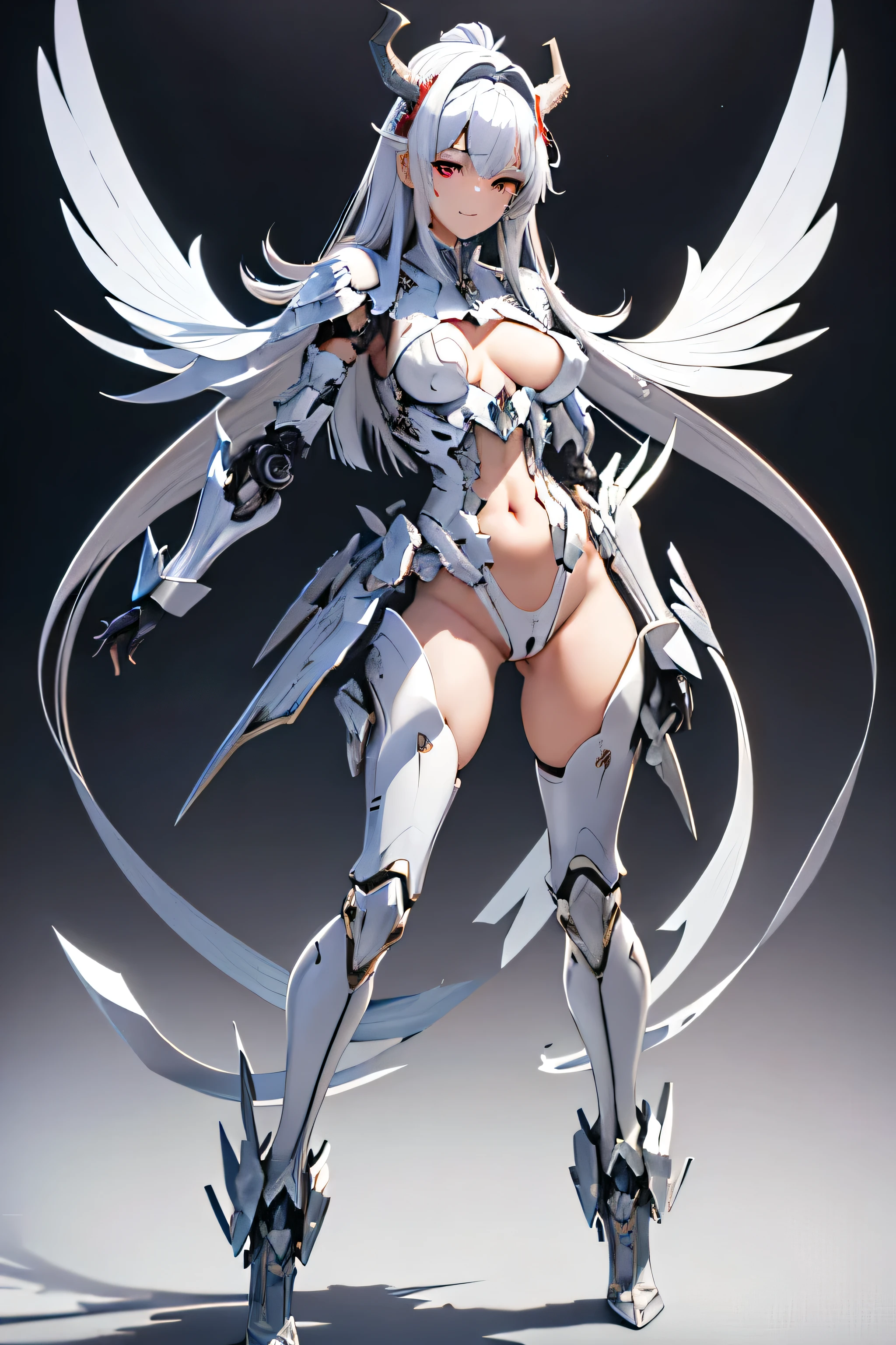 full body, High resolution, gauze, smile, Shortcuts, bangs, Red eyes, Headpiece, Bangs between the eyes, Headband, Horns of the beast, multiview, Decorative art, masterpiece, accurate, Anatomically correct, 最high quality, High resolution, High detail, High-resolution model, high quality, Very detailed, Grey Hair, Silver Hair, Intersecting bangs, Exposed breasts, Hide your ears, Open your mouth a little, tooth, Smiling with teeth showing, Slanted Eyes, multiview, Overlooking, Character portrait, Setting diagram, Status Table, bonus, Character Design画, Headband, Mole at the corner of the mouth, Feather Hair Accessories, Drop Shadow, 8k octane, アニメ, アニメ風, Character Design, Brown Skin、Bone wings on the back、Muscle Exposure、Shoulder Bare、Mechanical limbs、