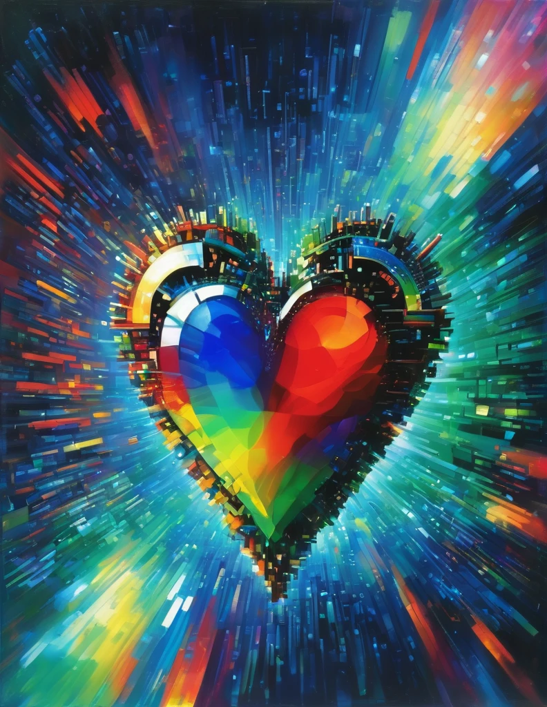 A vibrant pixelated heart floats amidst radiating light, its corners reflecting gradients of electric blue and emerald green. Hovering in the foreground, a stylized keypad composed of primary colors offers a glimpse of binary code. The background blurs with pixelated noise, suggesting a digital landscape.