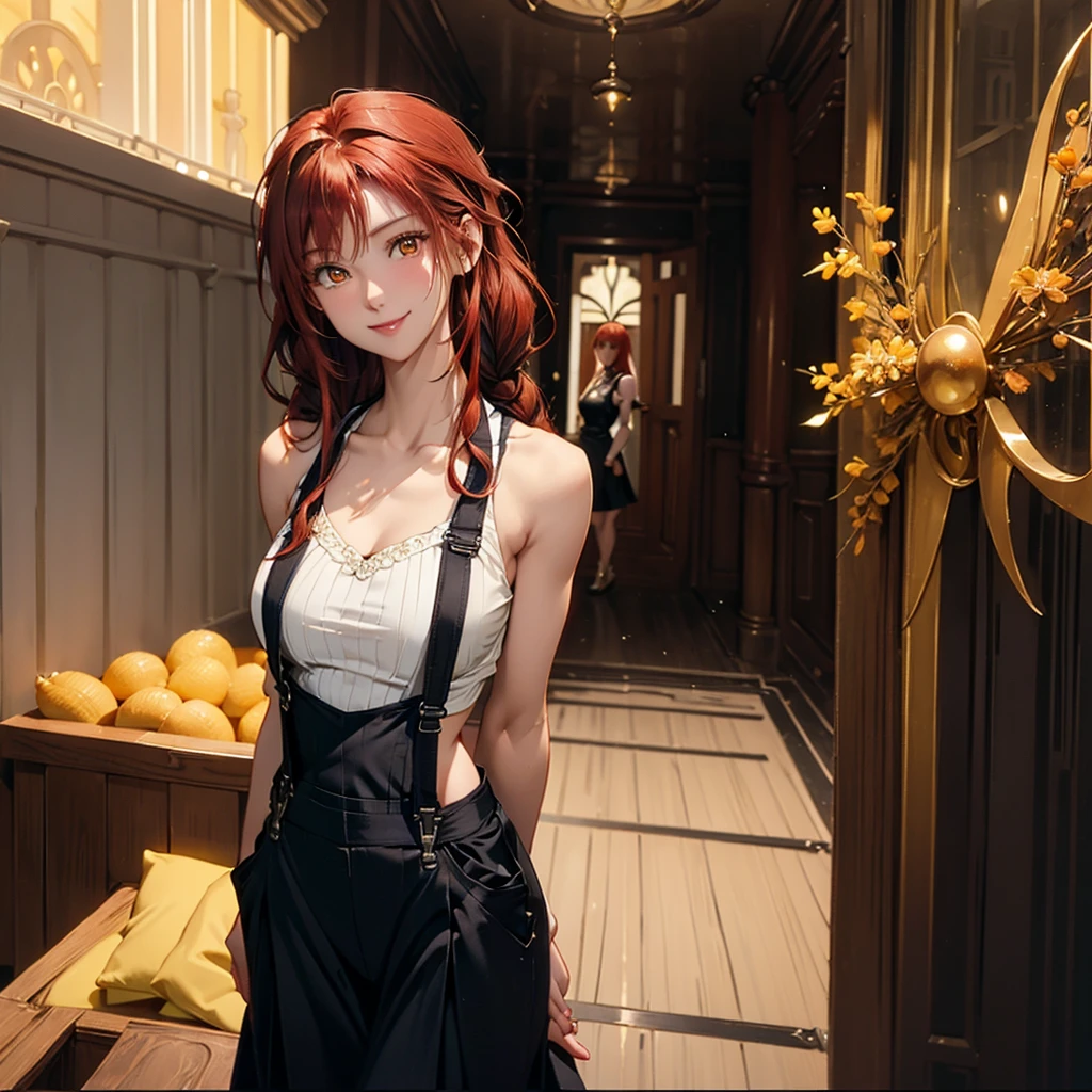 (((One woman))), (natural redhead), honey yellow eyes, by the wide, small braids, bright smile, detailed eyes, chest a little big, detailed body, beautiful body, detailed clothing, black overalls skirt with white blouse, head on, hands back leaning forward, flirtatious look, standing in the entrance of a house with the door open.