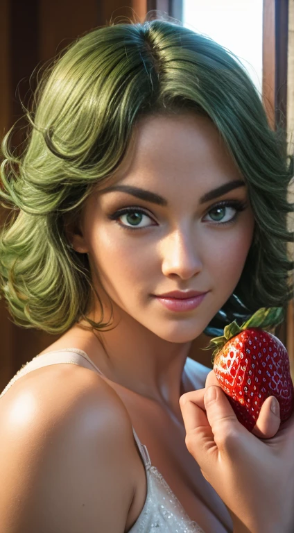 Masterpiece, Best Quality, Super Detailed, High Definition, Expensive Resolution, HDR, Super Detailed CG, Beautiful Details, Depth, Fine Texture, Super Fine, Complete concentration, (Tatsumaki), sexy, pale skin, green eyes, smirk, (holding a giant strawberry), vibrant colors, detailed eyes, highly detailed, fine detail, intricate details, volumetric lighting, 
