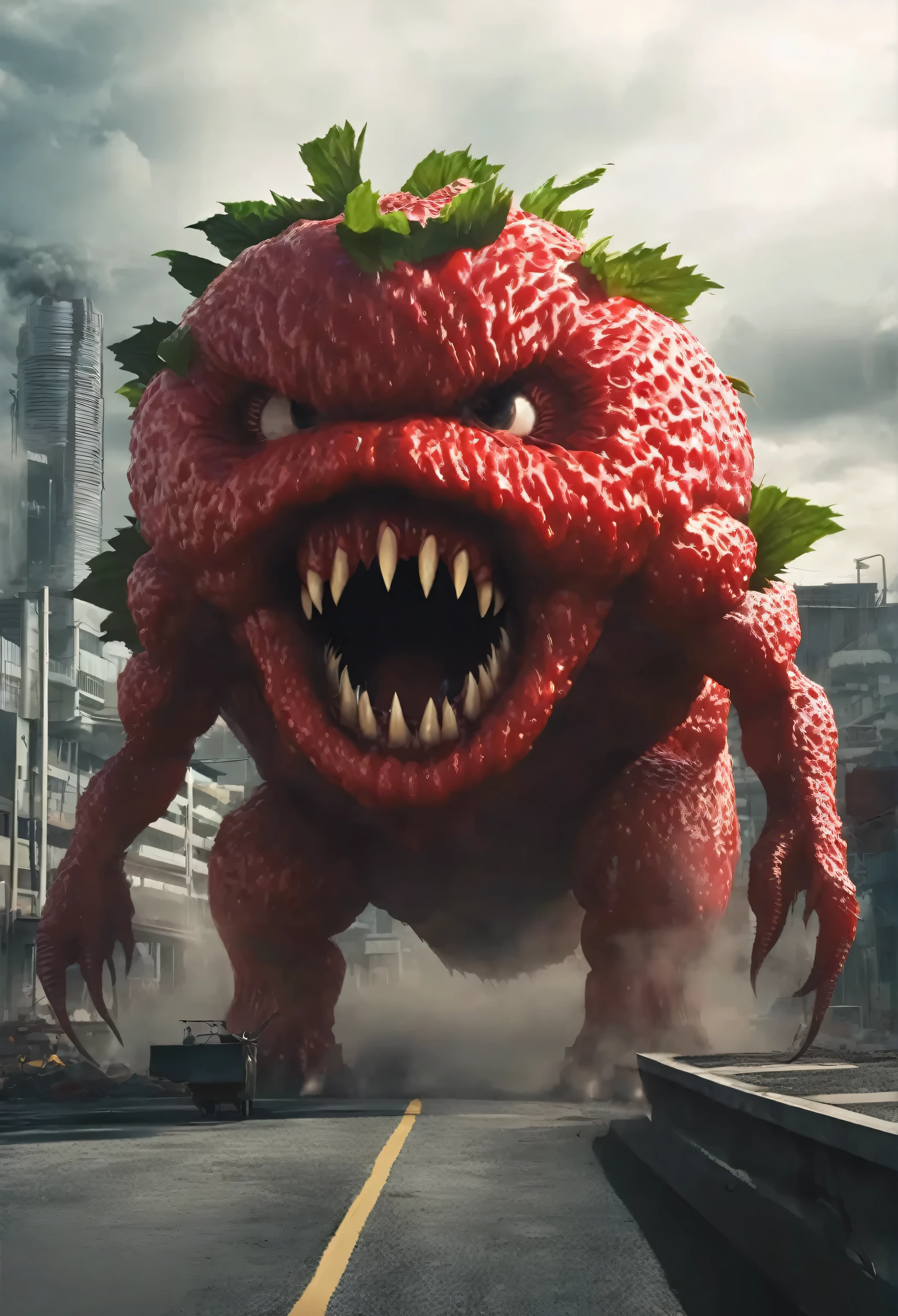 There is a big red monster with a big mouth and a face with big teeth., Tomato Monster, Cacodemon, Ultra-realistic fantasy monsters, Biohazard virus concept art, Hyperreal Rendering, Monster concept art, Video Game Rendering, Monster of Ruin, Vojtek Fuss, Worm Monster, CG Art, A fat, lean, devilish creature, Gugimon, a plant monster