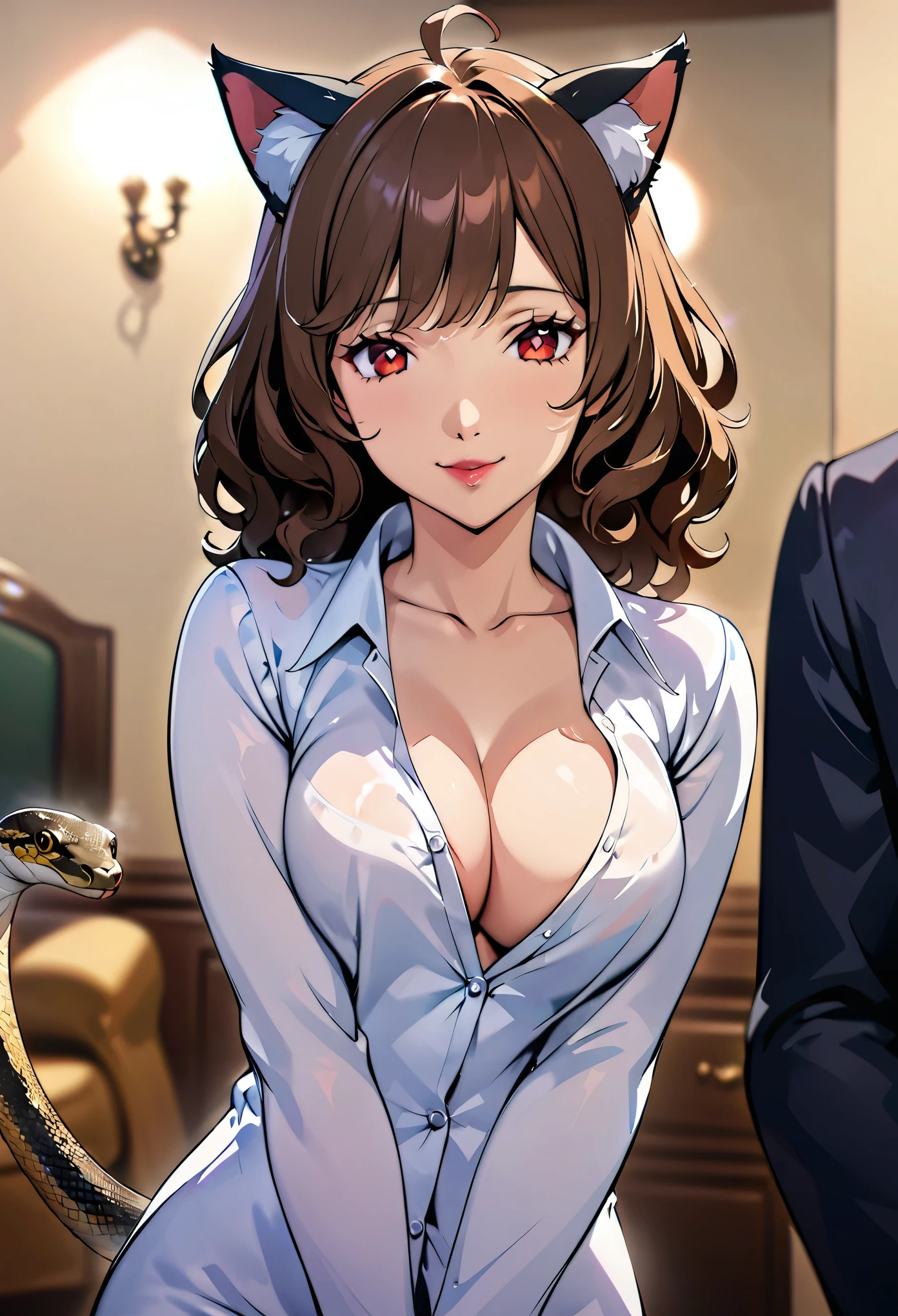 (masterpiece:1.2),(junkotvvxl) cat ears, Highest quality,Top image quality,Top animation quality,Digital Animation,screencap,solo,Upper Body,A mature woman,Natural Curl,Brown curly hair,red eyes,Big ,(Cleavage:0.9),Clear pupils,Smile,Pale pink lipstick,warm feeling,(Wearing only an open shirt,Only one button:0.9),(A python clings to a woman:1.1),Living room background,Depth of Field,Victorian Decor