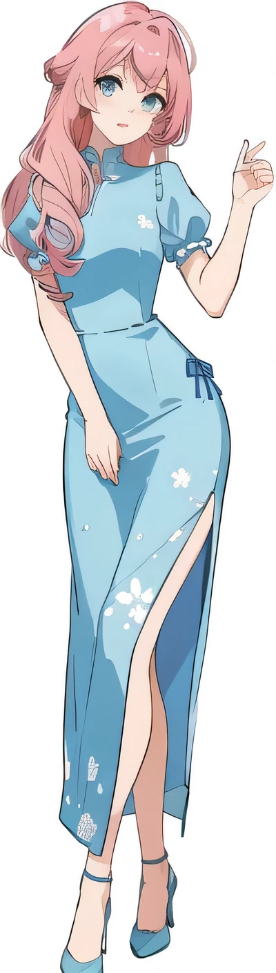 Cartoon girl with pink hair and blue dress, Red long hair,curls, Full body shot, Fine details.