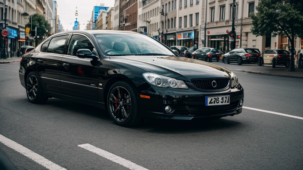 best quality, 8k, shiny skin, high resolution, black car in city, sharp focus