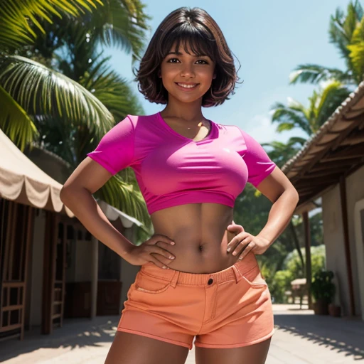Isabela Merced as Dora,standing proud, tight pink shirt, orange shorts, smiling, big breasts, (skin texture:1.1), (high detail face:1.1), high detail body, high detail clotheasterpiece), (realistic), ultra high definition, 4k, ultra high resolution