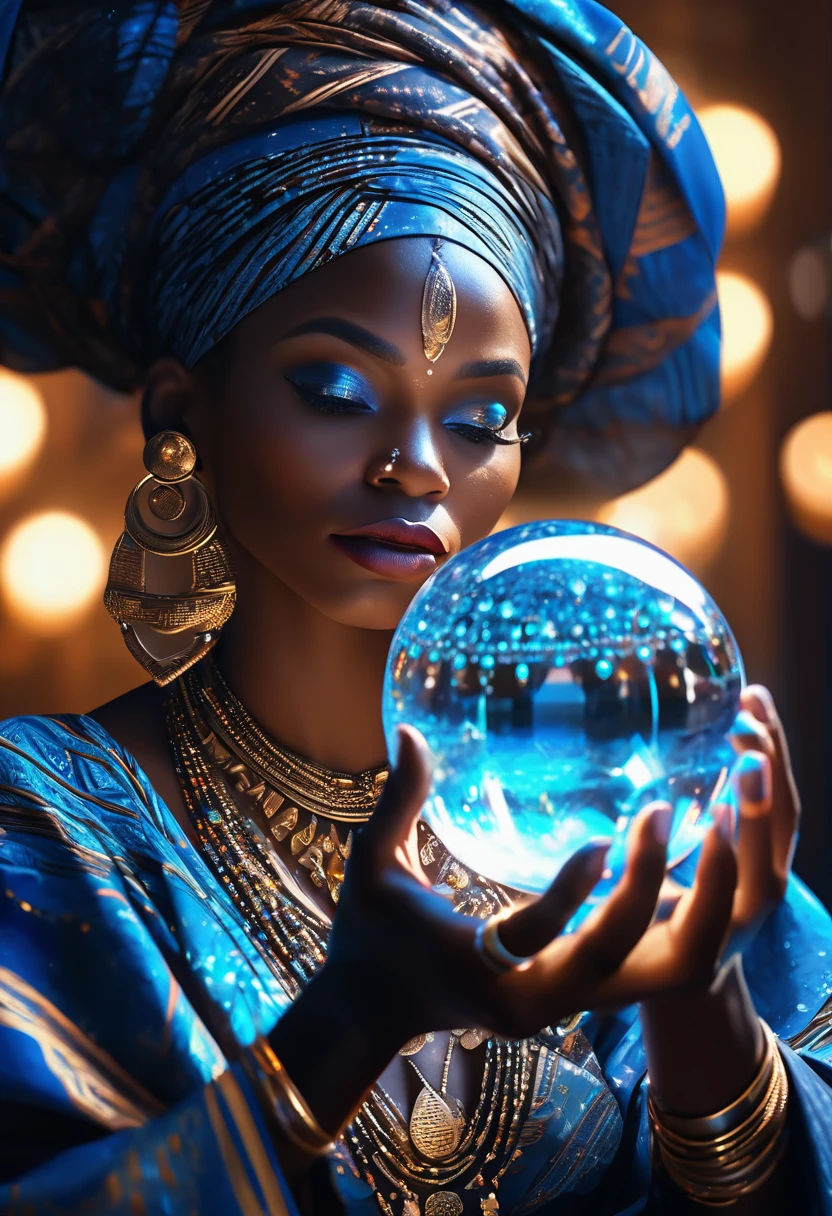 Half body shot of A blue hologram image of a glowing crystal ball floating in the arms of a black woman dressed in african clothes, very high detailed and clear image, 32k high definition and high resolution images, unreal engine 5 rendered. Hyper-realistic images with high detailed features providing a viewer with a clear high definition well created masterpiece of art..