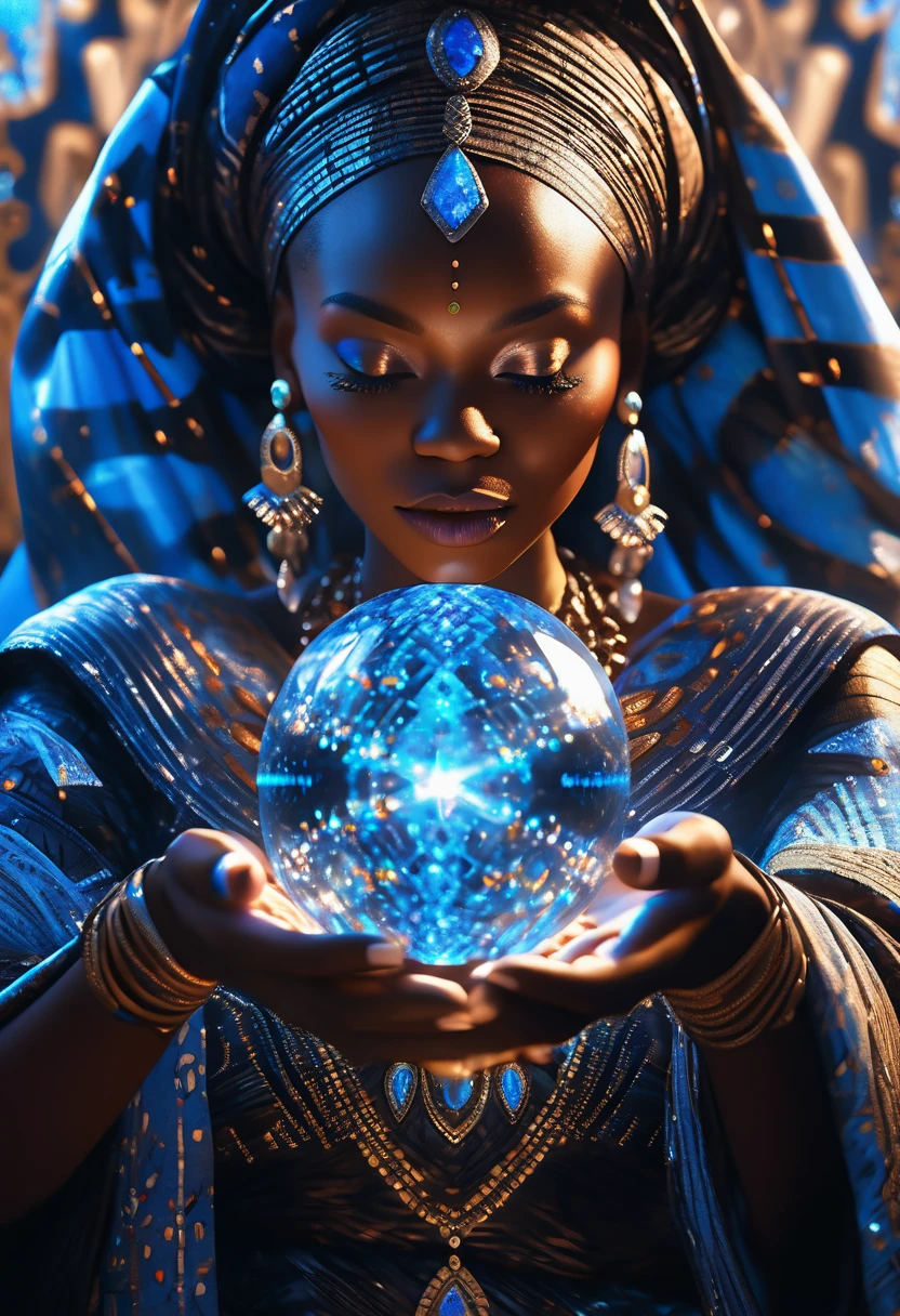 Half body shot of A blue hologram image of a glowing crystal ball floating in the arms of a black woman dressed in african clothes, very high detailed and clear image, 32k high definition and high resolution images, unreal engine 5 rendered. Hyper-realistic images with high detailed features providing a viewer with a clear high definition well created masterpiece of art..