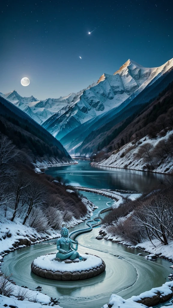 Creat an image of hindu God shiva heaving snake wearing like necklace and floating river from his hair top with thin moon shape.  blessings us his kindness, snow mountain beside the River with big tree glowing the image.