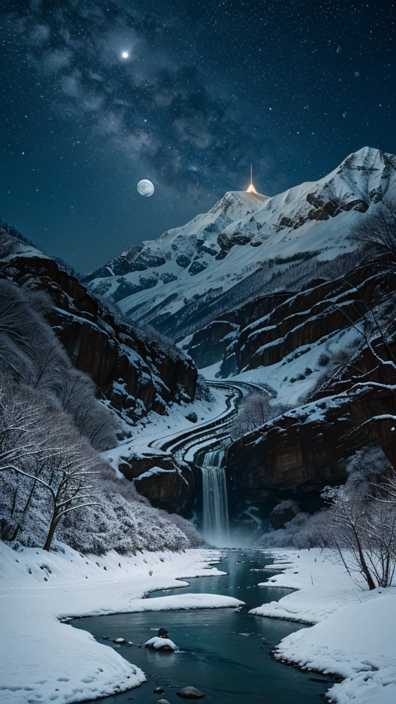 Creat an image of hindu God shiva heaving snake wearing like necklace and floating river from his hair top with thin moon shape. blessings us his kindness, snow mountain beside the River with big tree glowing the image.