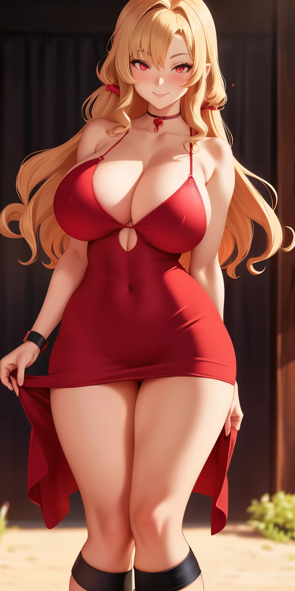 Anime girl, red eyes, black blonde with curls, muy voluptuosa, , big breast, shy smile, wallpaper, cute red dress, strap, breasts bounce, farm