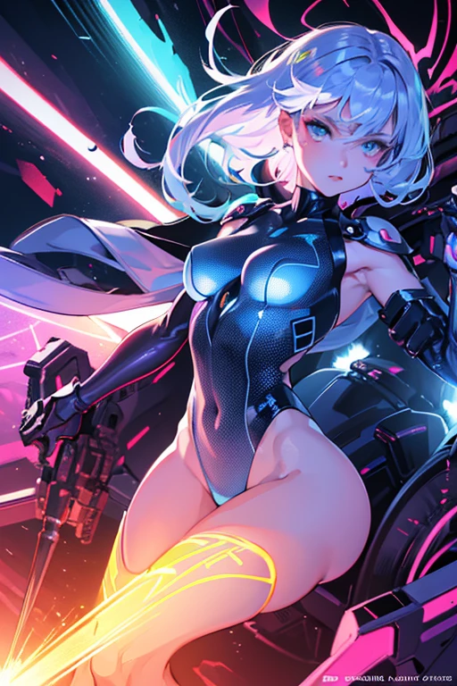 Futuristic girl in high tech combat suit, Smooth, Skin-tight bodysuit, Detailed facial features, Sharp Eye, Elegant pose, Advanced Machinery, Neon Light, Metallic accents, Cinema Lighting, Vibrant colors, Dramatic atmosphere, Very detailed, 8k, Shoulder Bare, Exposed Skin, Realistic、Exposed breasts,